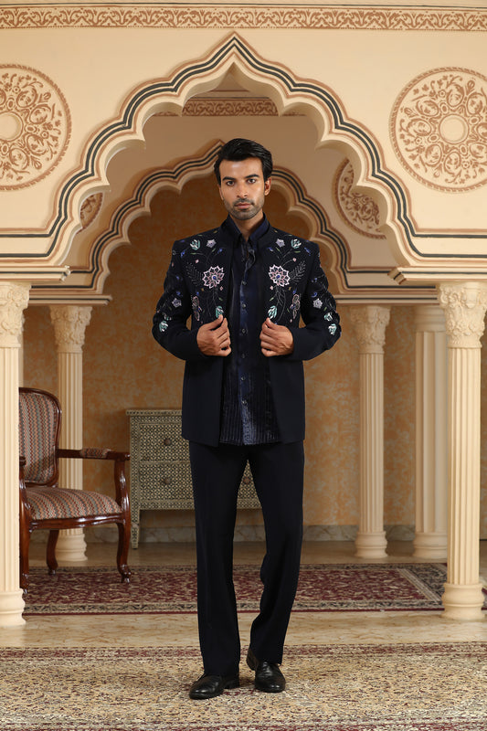 Van Raj - Navy Blue Italian Viscose & Organza Resham & Cutduna Embroidered Bandhagala Set