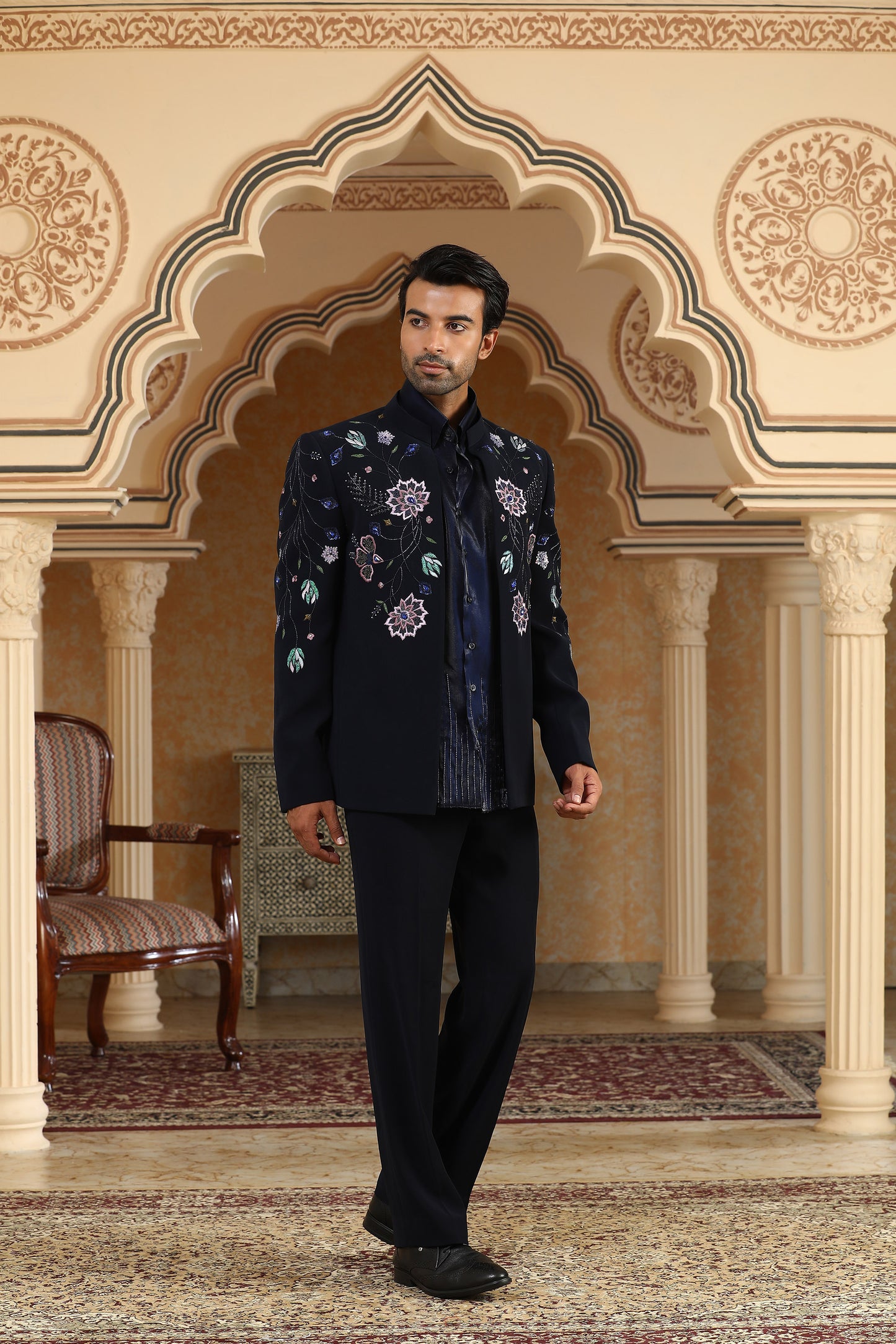 Van Raj - Navy Blue Italian Viscose & Organza Resham & Cutduna Embroidered Bandhagala Set