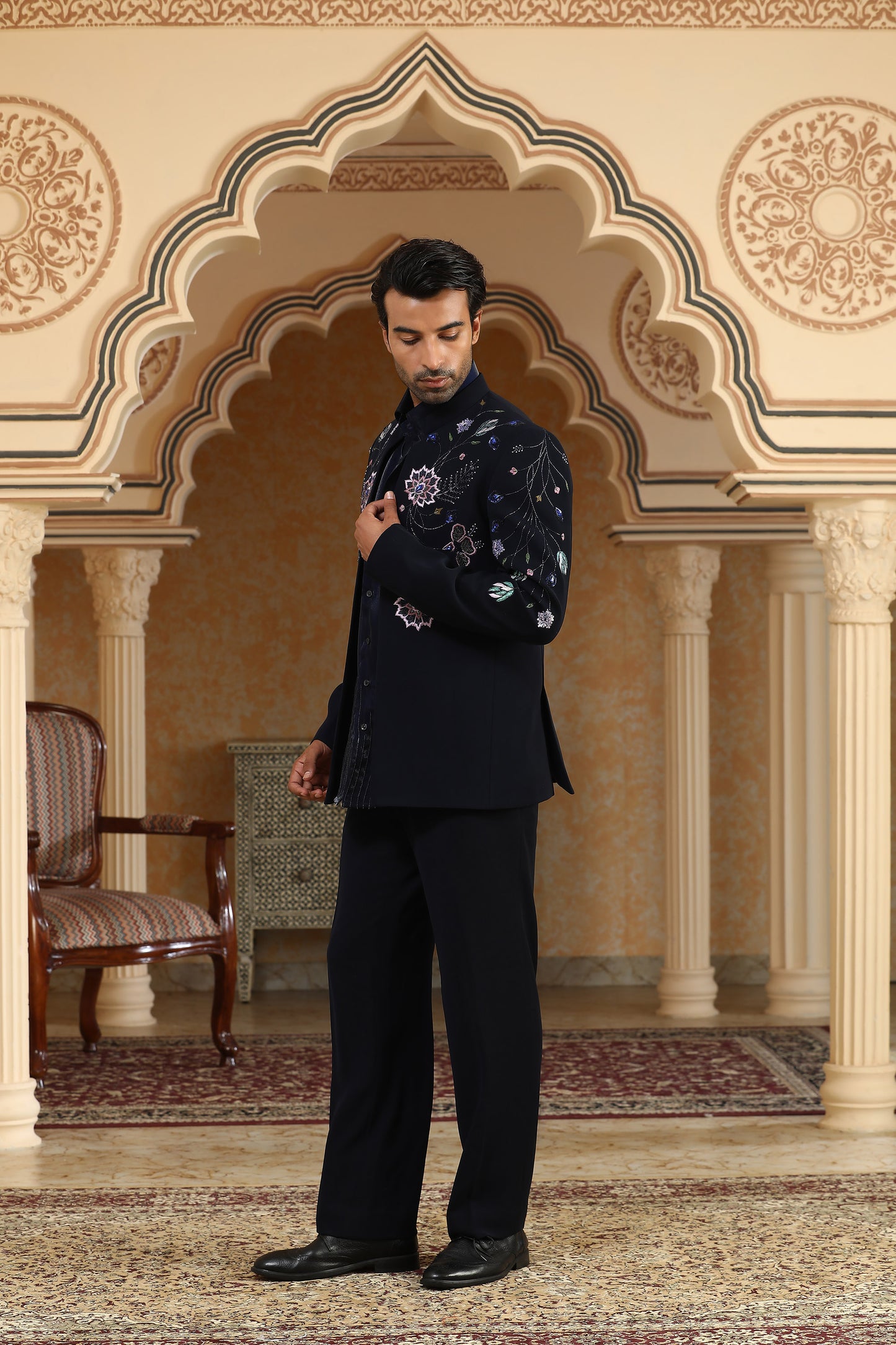 Van Raj - Navy Blue Italian Viscose & Organza Resham & Cutduna Embroidered Bandhagala Set