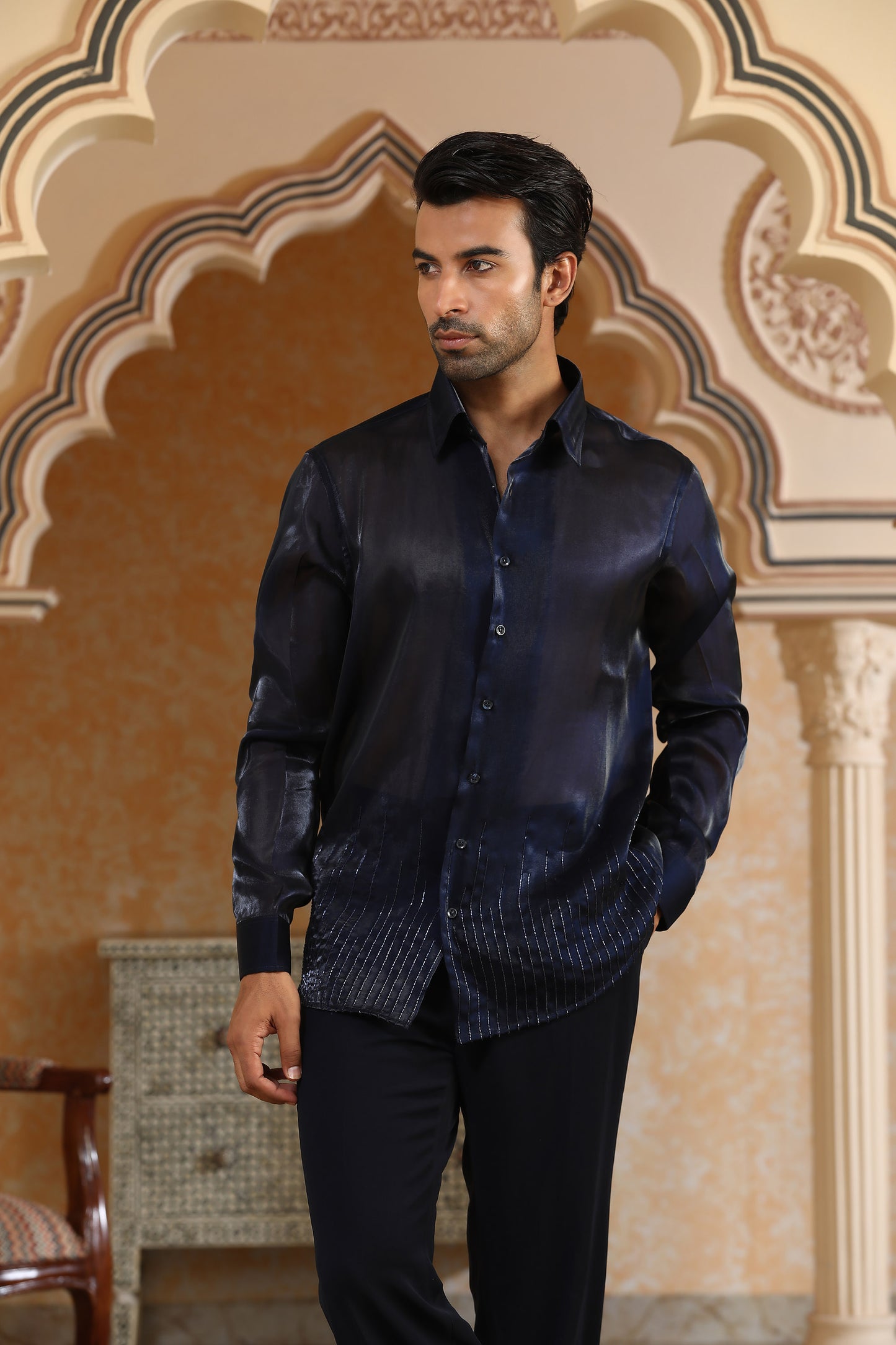 Van Raj - Navy Blue Italian Viscose & Organza Resham & Cutduna Embroidered Bandhagala Set