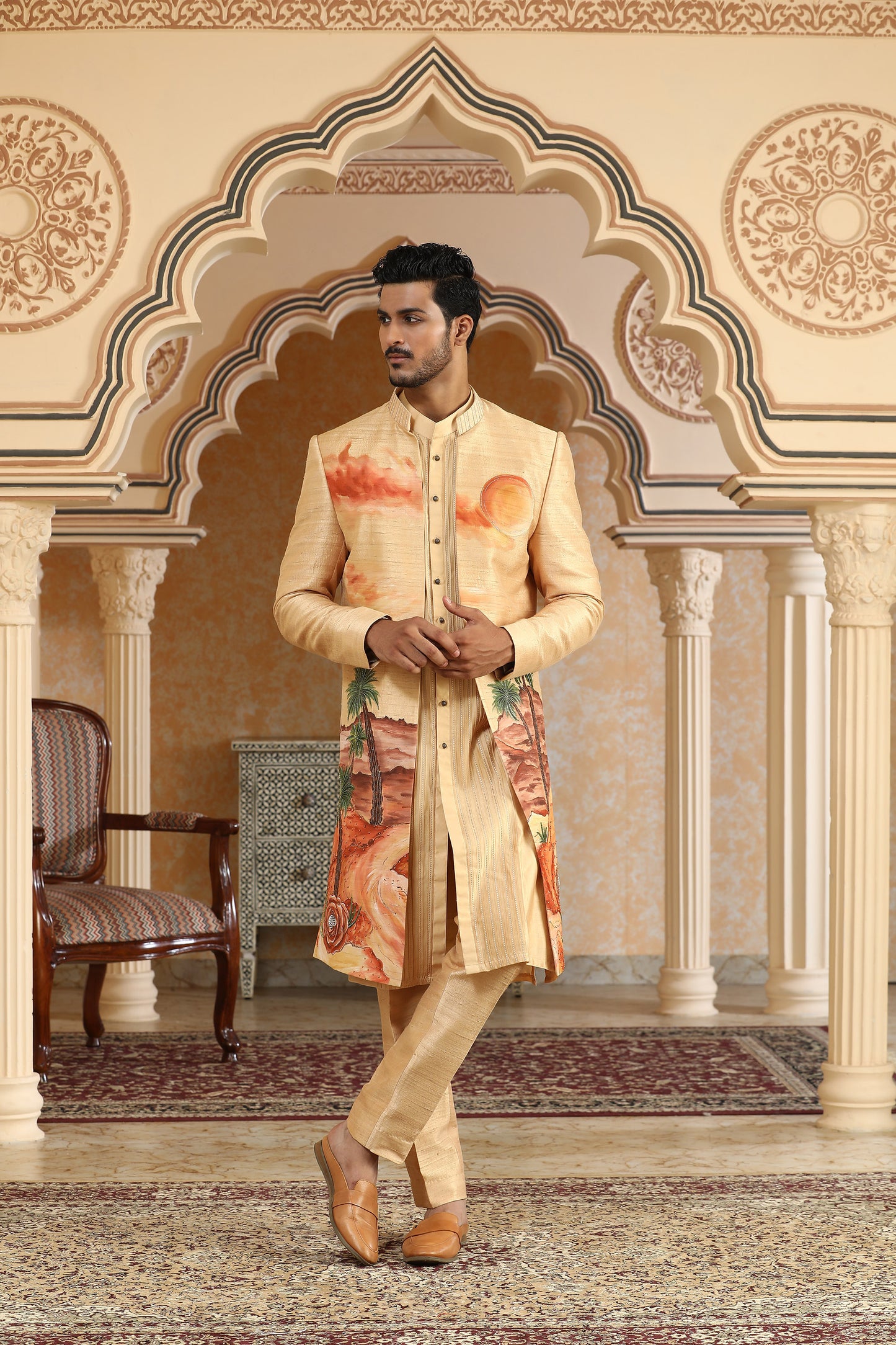 Desert - Yellow Raw Silk & Chanderi Silk Handpainted And Embroiderd Open Festive Jacket Set