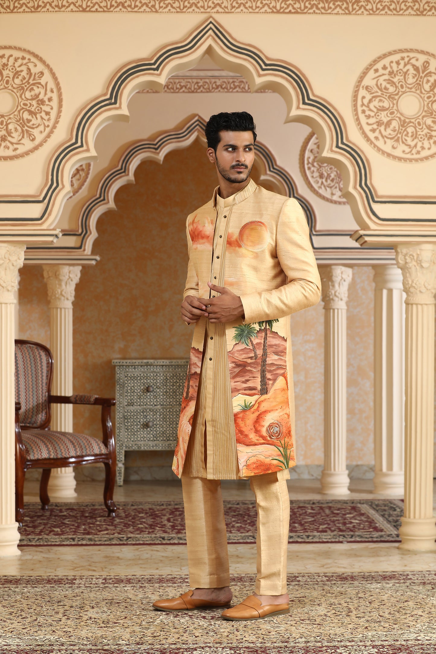 Desert - Yellow Raw Silk & Chanderi Silk Handpainted And Embroiderd Open Festive Jacket Set