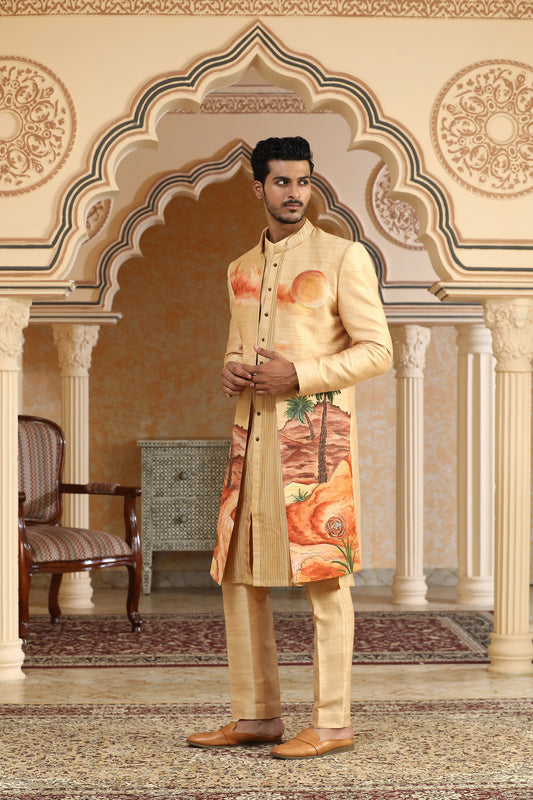 Desert - Yellow Raw Silk & Chanderi Silk Handpainted And Embroiderd Open Festive Jacket Set