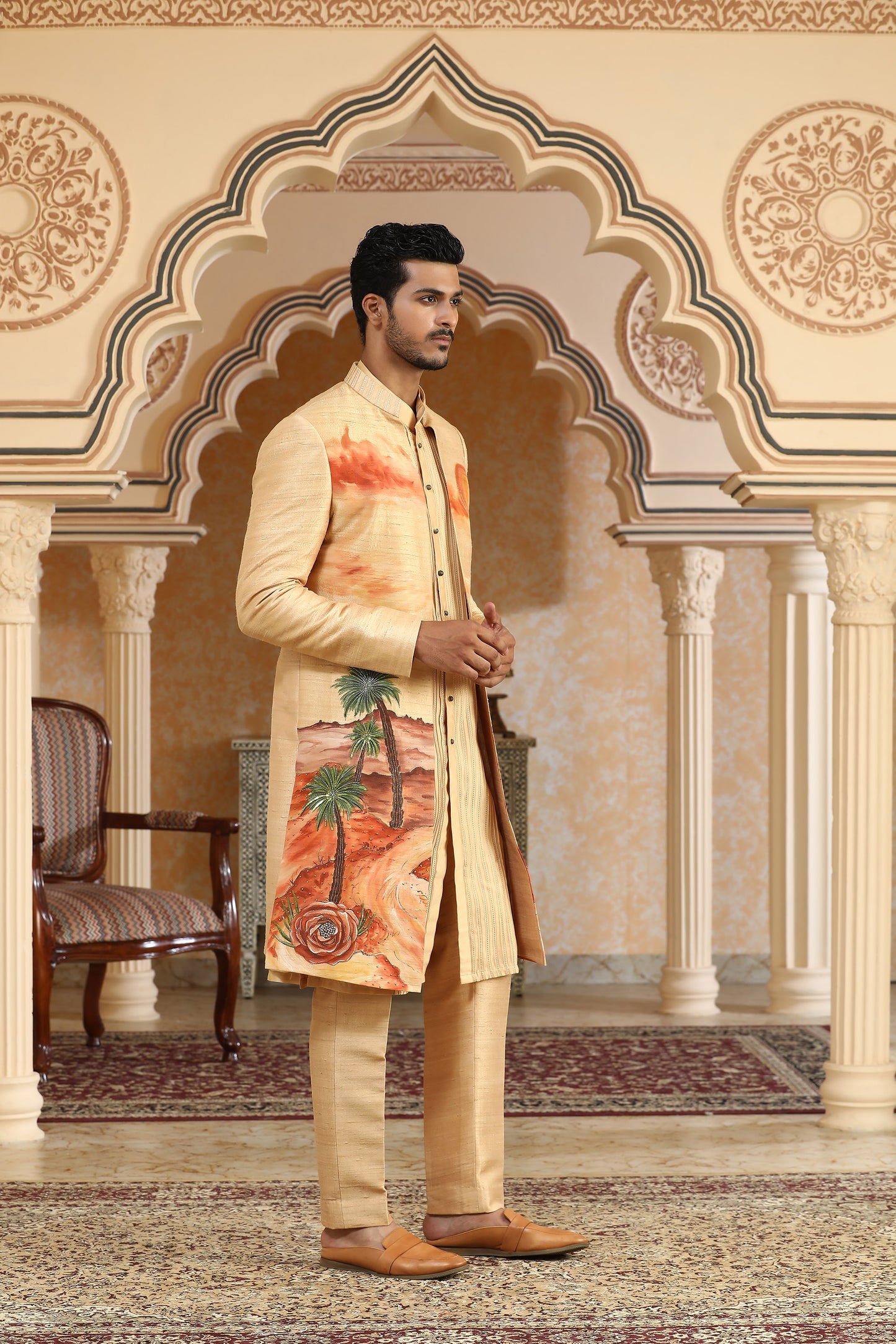 Desert - Yellow Raw Silk & Chanderi Silk Handpainted And Embroiderd Open Festive Jacket Set