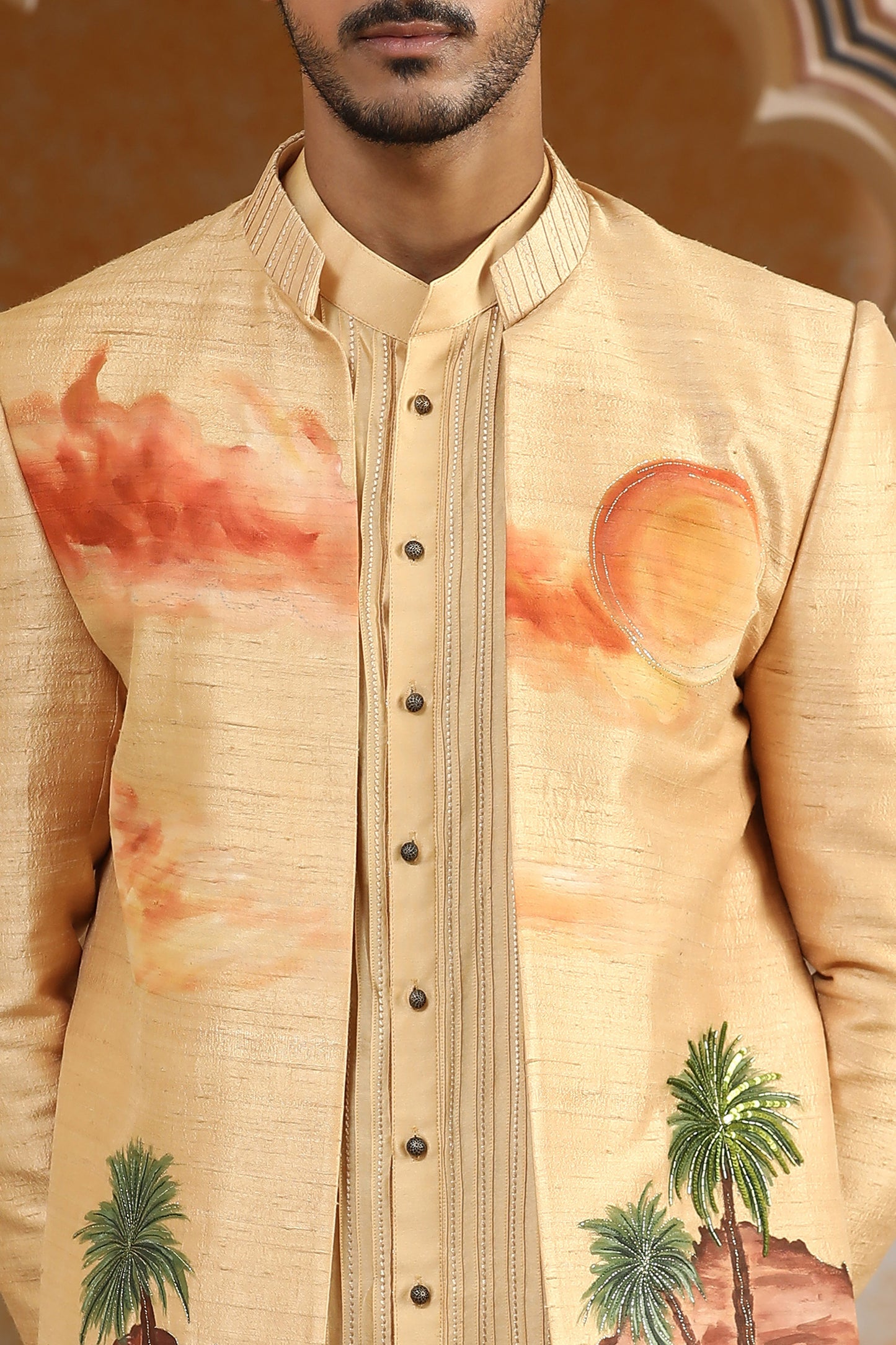 Desert - Yellow Raw Silk & Chanderi Silk Handpainted And Embroiderd Open Festive Jacket Set