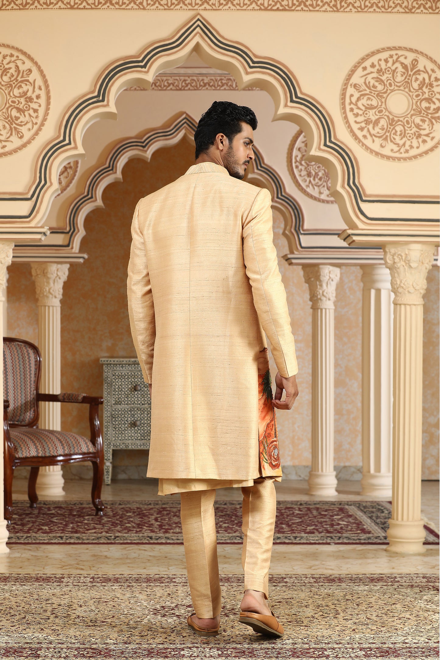 Desert - Yellow Raw Silk & Chanderi Silk Handpainted And Embroiderd Open Festive Jacket Set