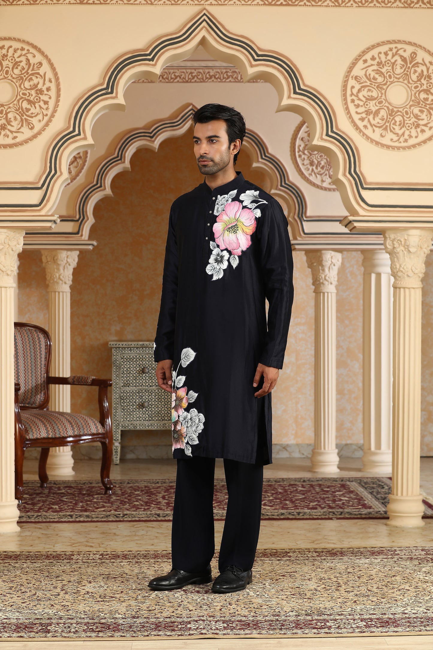 Navy Blue Italian Viscose & Chanderi Silk Handpainted Phoolkumar Embroidered Festive Indo Set