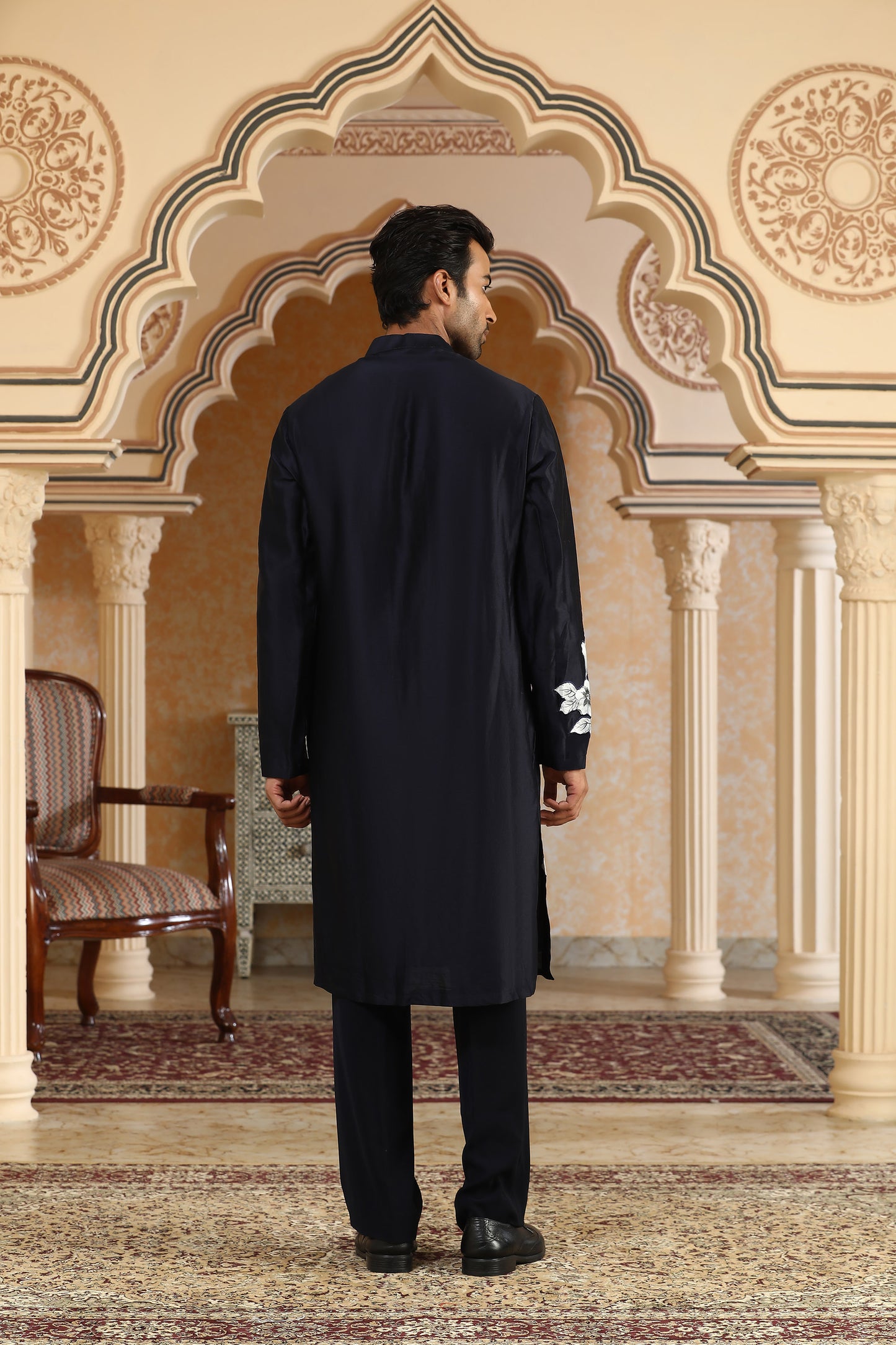 Navy Blue Chanderi Silk Handpainted Phoolkumar Festive Kurta Set