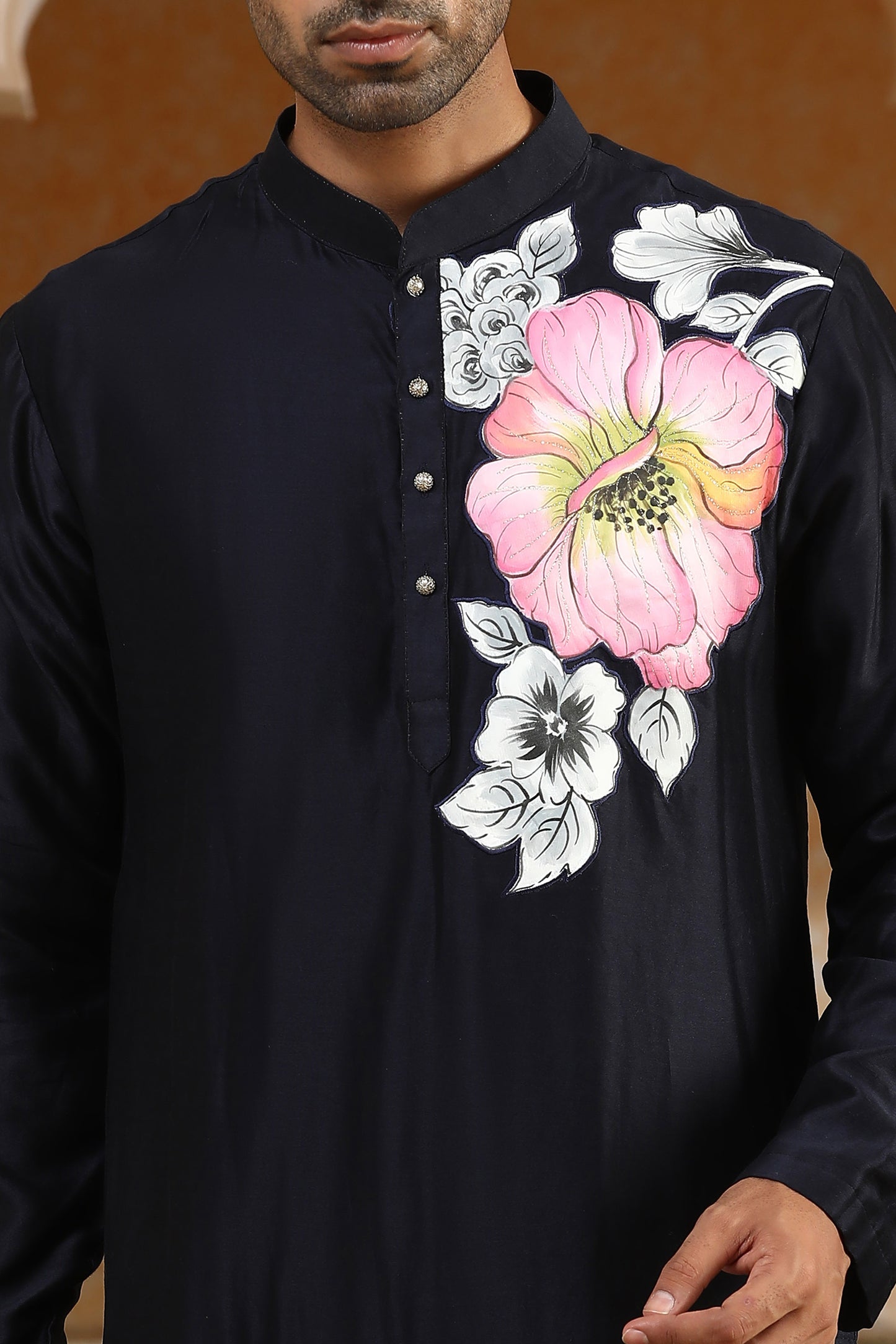 Navy Blue Chanderi Silk Handpainted Phoolkumar Festive Kurta Set