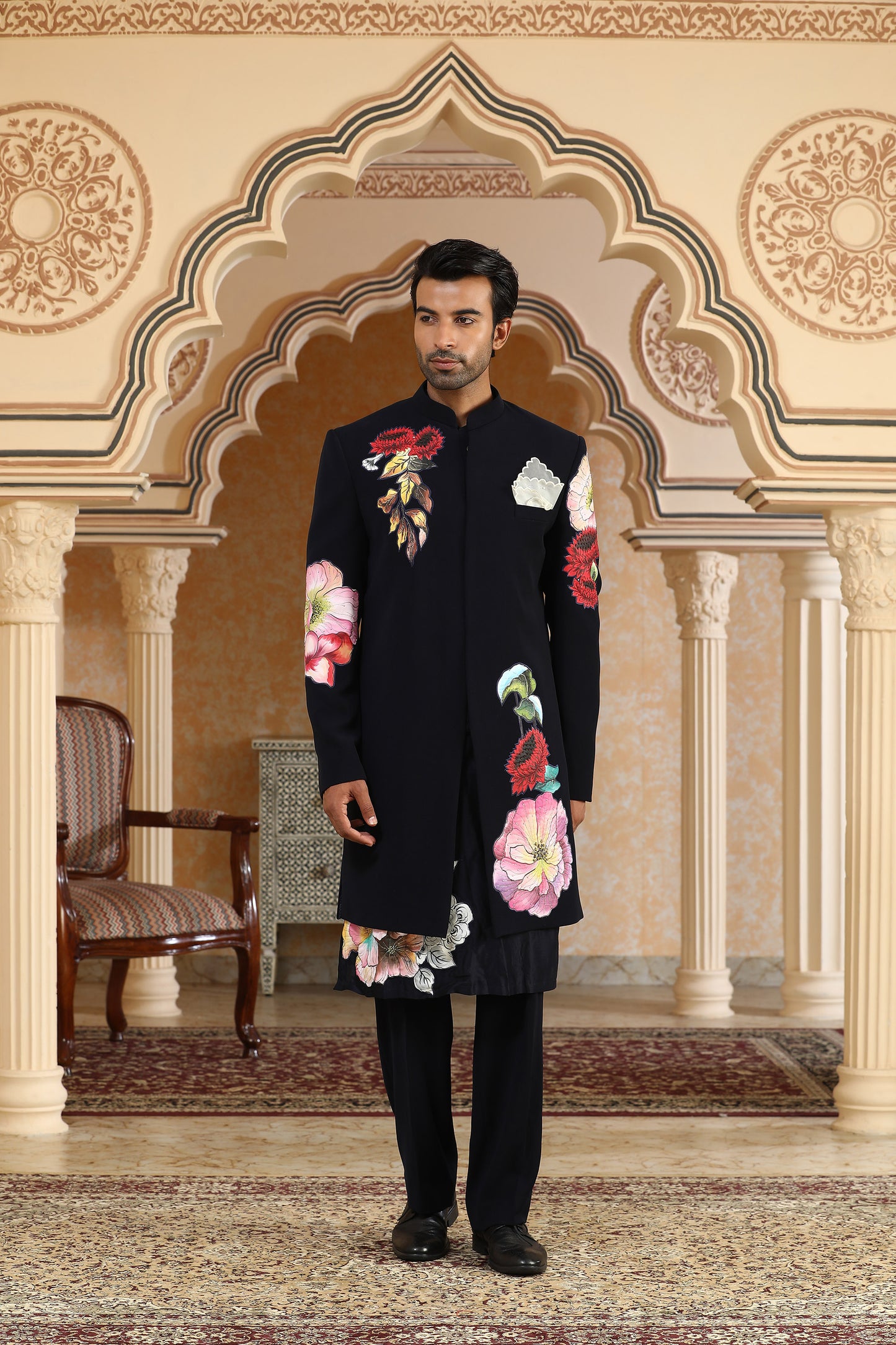 Navy Blue Italian Viscose & Chanderi Silk Handpainted Phoolkumar Embroidered Festive Indo Set