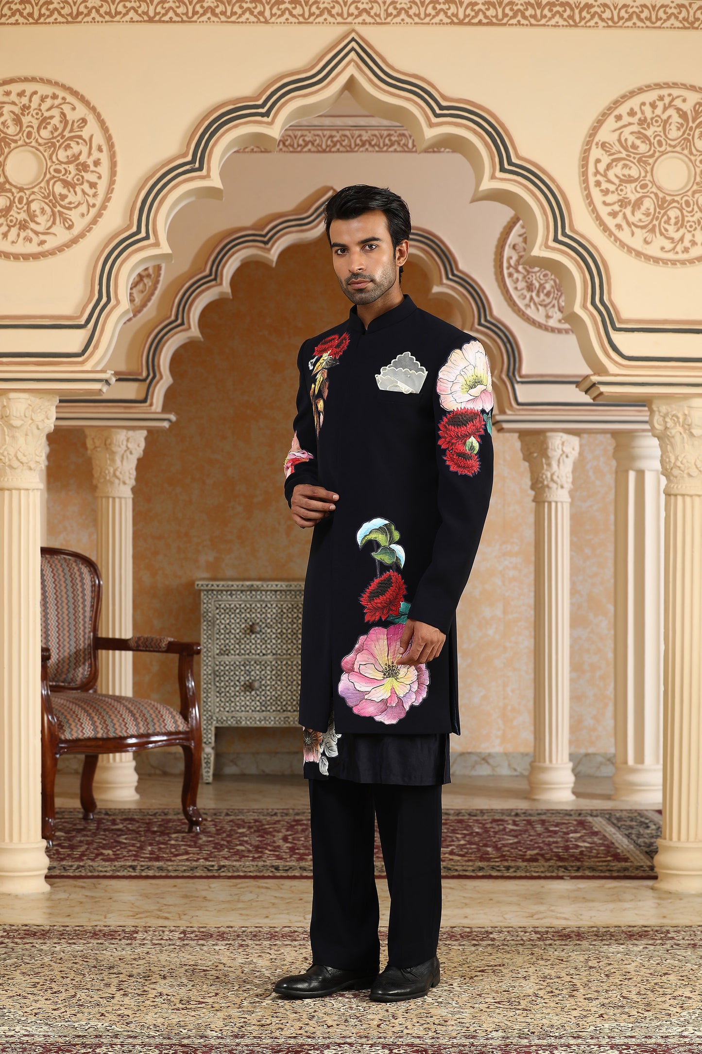 Navy Blue Italian Viscose & Chanderi Silk Handpainted Phoolkumar Embroidered Festive Indo Set