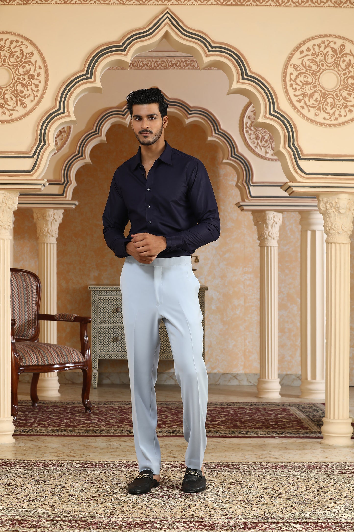 Blue Italian Viscose Lily Dual Tone Applique & Moti Work Party Wear Tuxedo Set