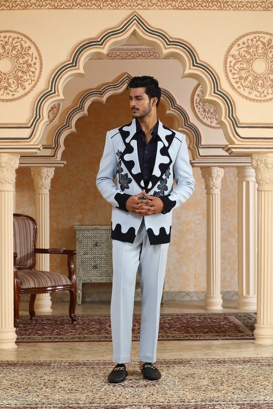 Blue Italian Viscose Lily Dual Tone Applique & Moti Work Party Wear Tuxedo Set
