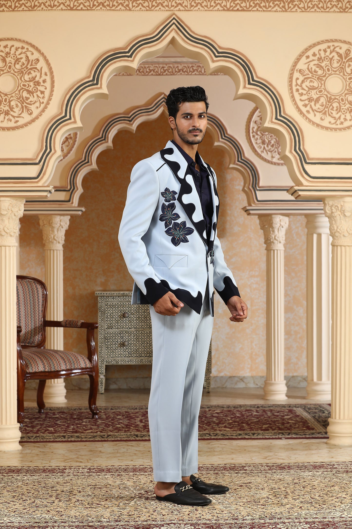 Blue Italian Viscose Lily Dual Tone Applique & Moti Work Party Wear Tuxedo Set