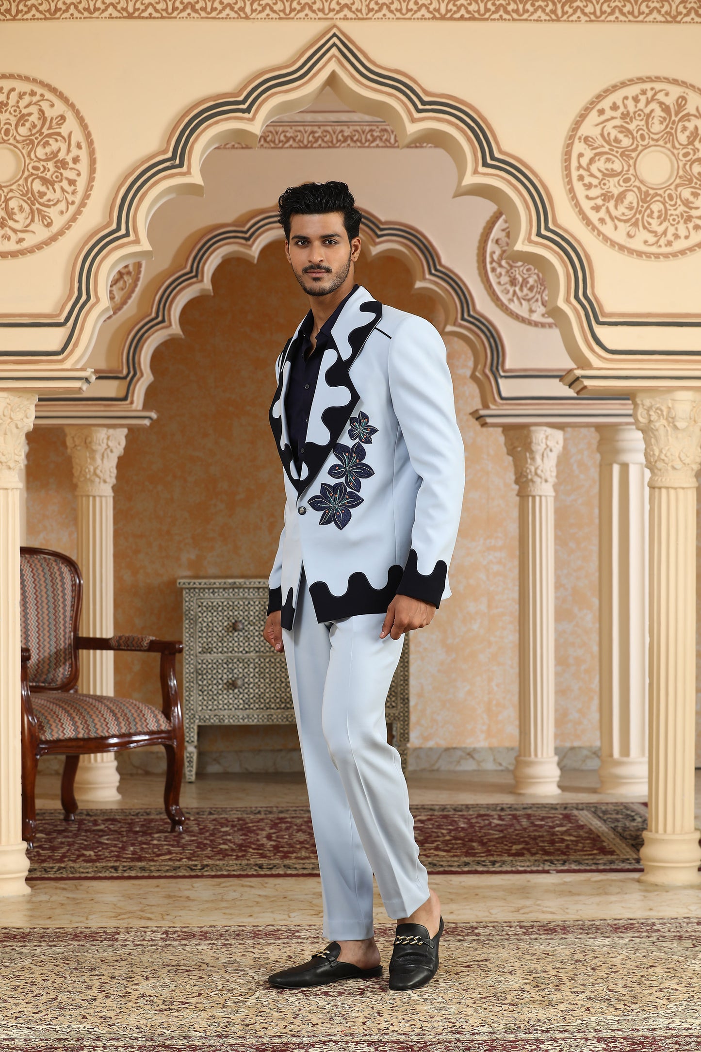 Blue Italian Viscose Lily Dual Tone Applique & Moti Work Party Wear Tuxedo Set