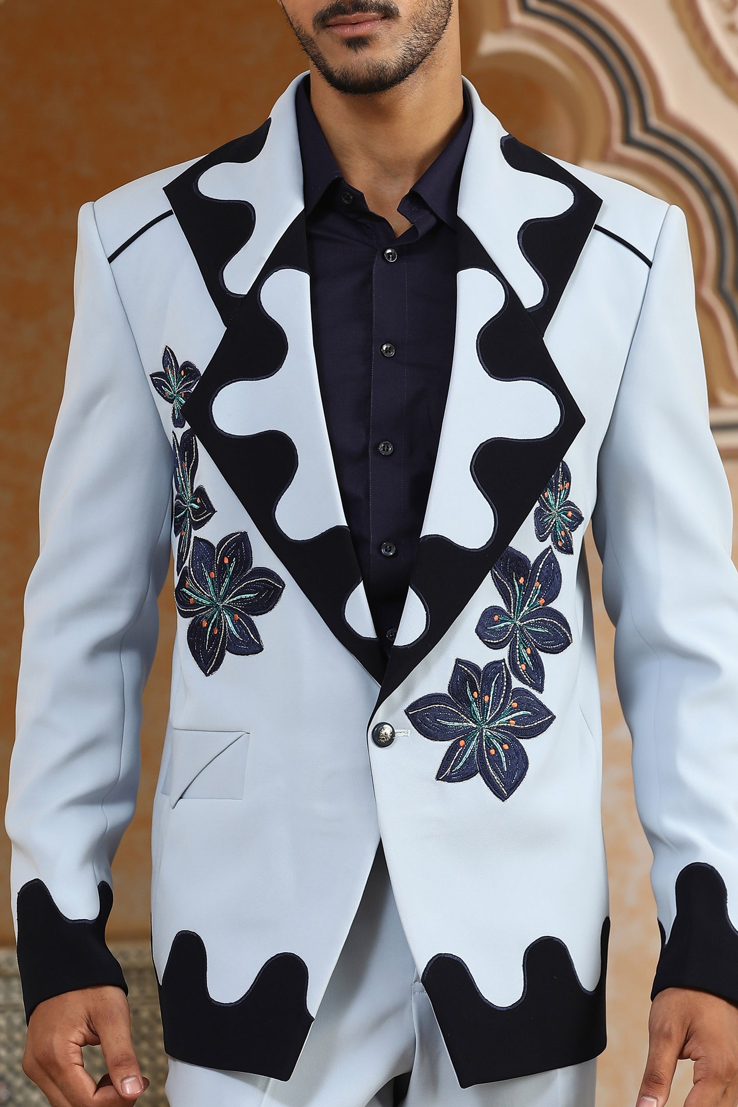 Blue Italian Viscose Lily Dual Tone Applique & Moti Work Party Wear Tuxedo Set