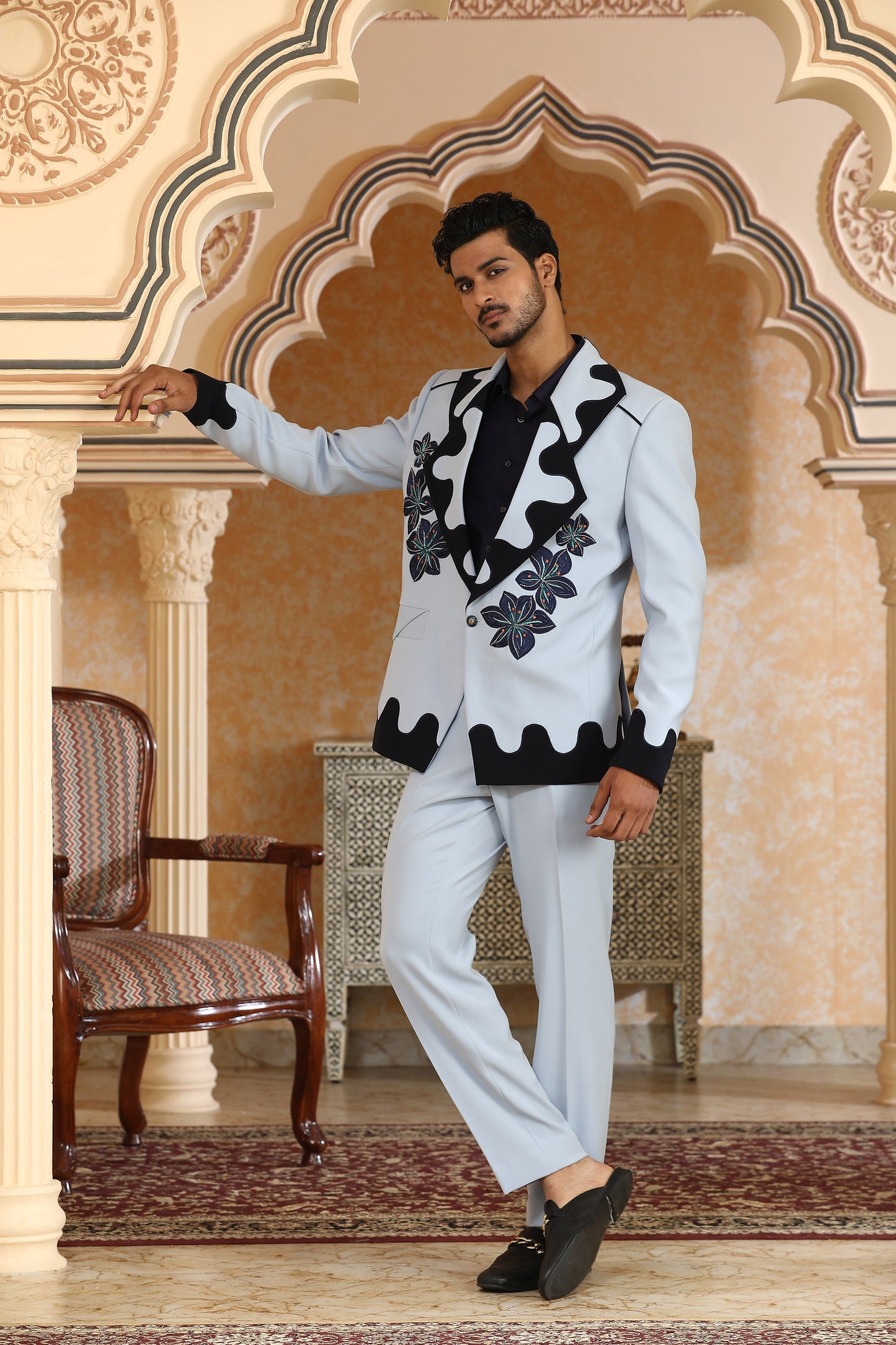 Blue Italian Viscose Lily Dual Tone Applique & Moti Work Party Wear Tuxedo Set