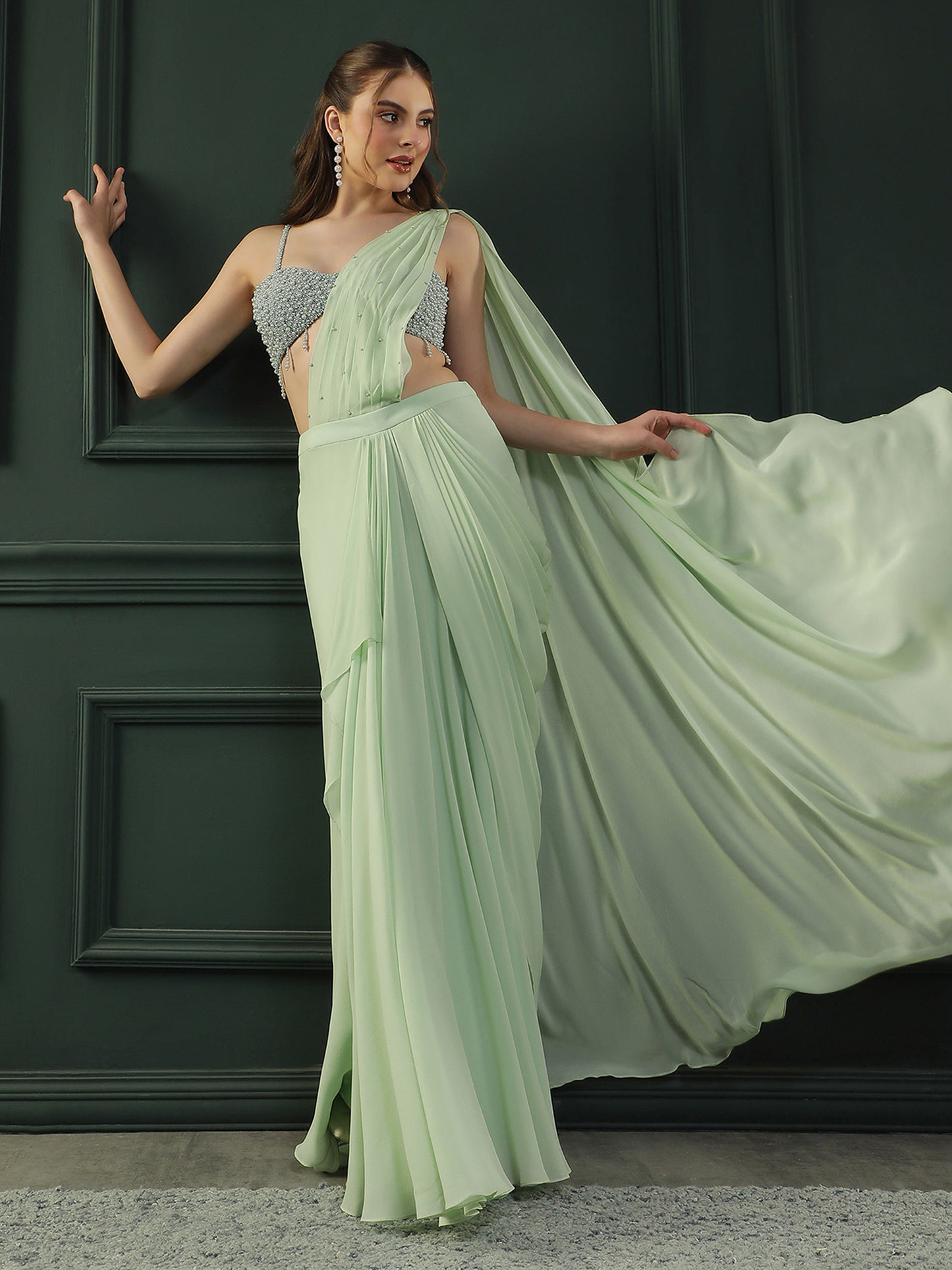Mint Pearl Pre-drape Saree