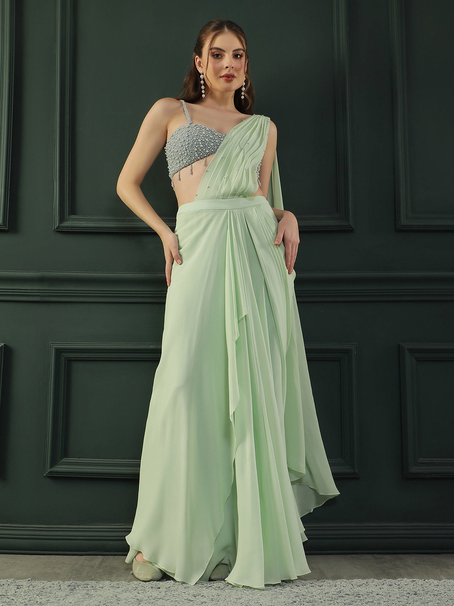 Mint Pearl Pre-drape Saree