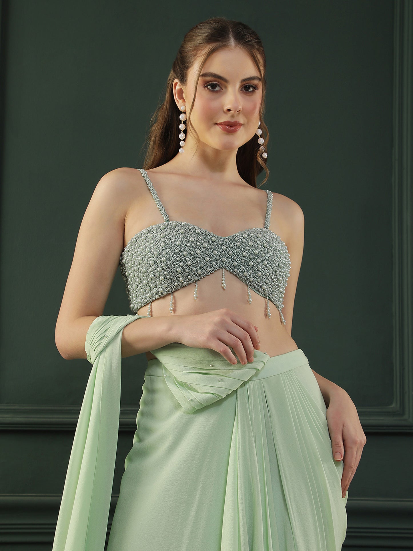 Mint Pearl Pre-drape Saree