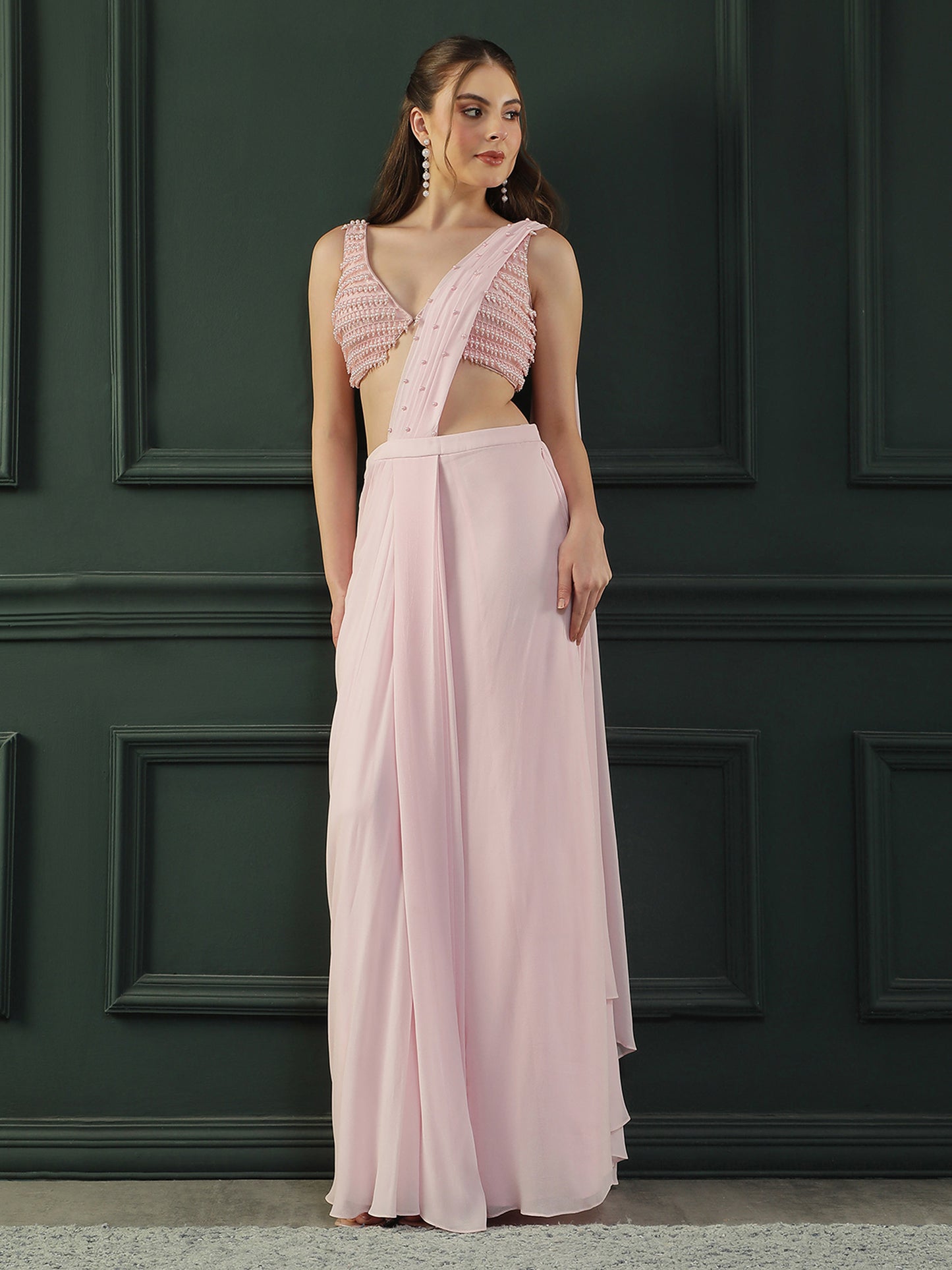 Powder Pink Pearl Pre-drape Saree