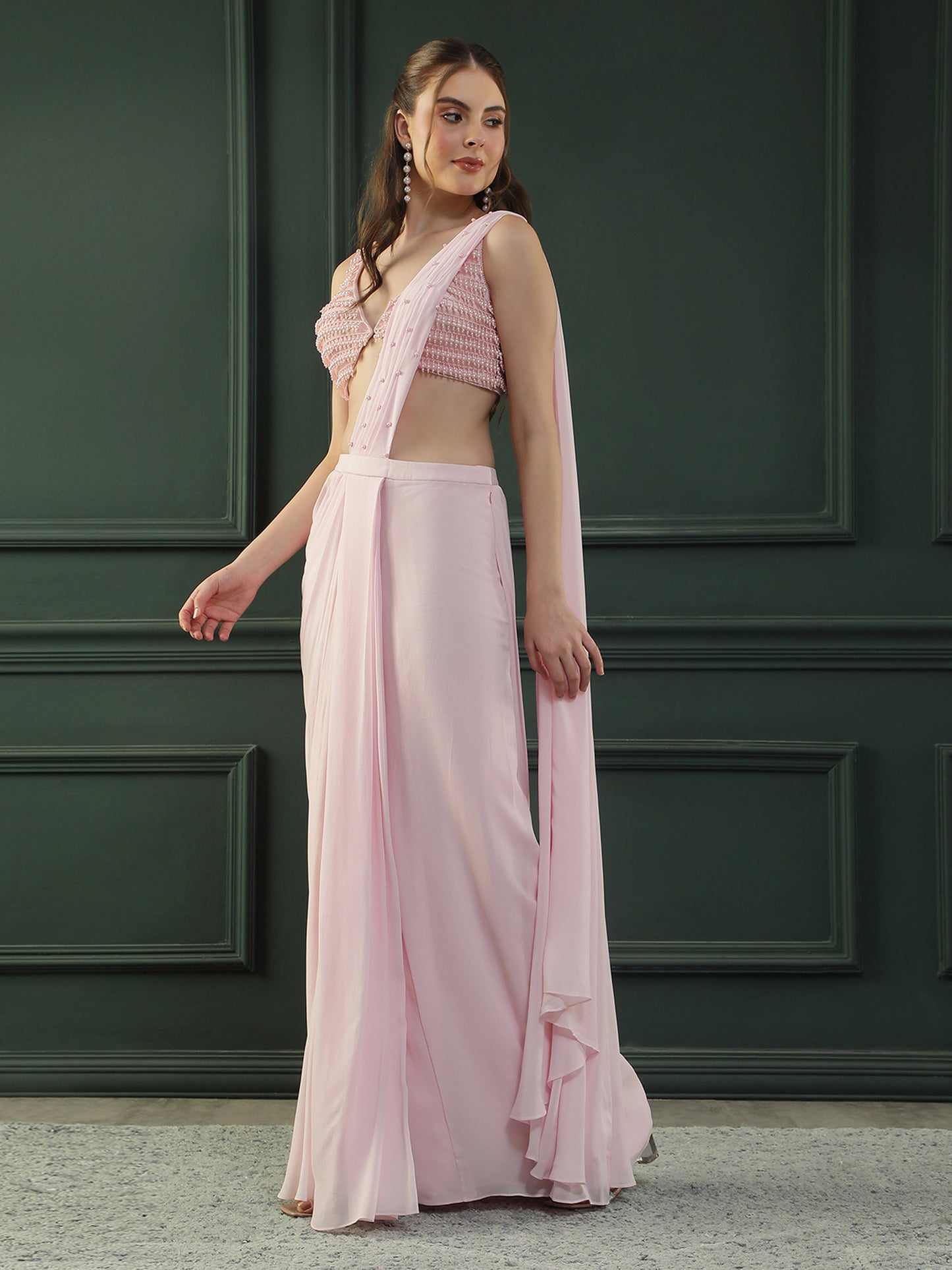 Powder Pink Pearl Pre-drape Saree