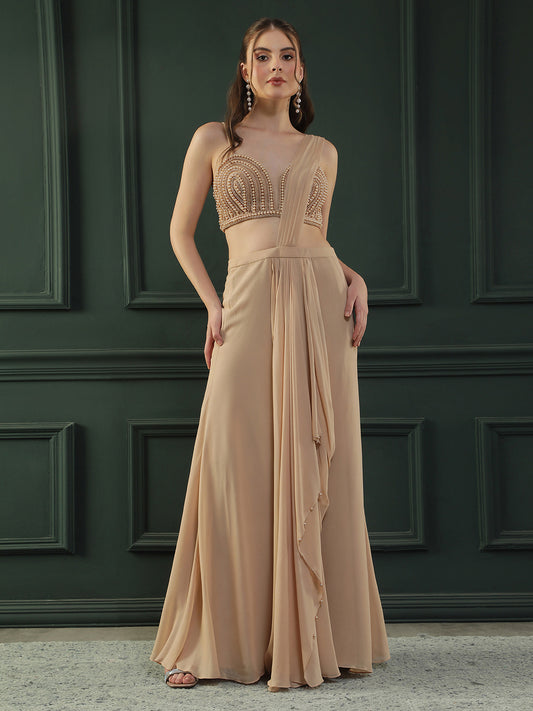 Tan Brown Pearl Pre-Drape Saree