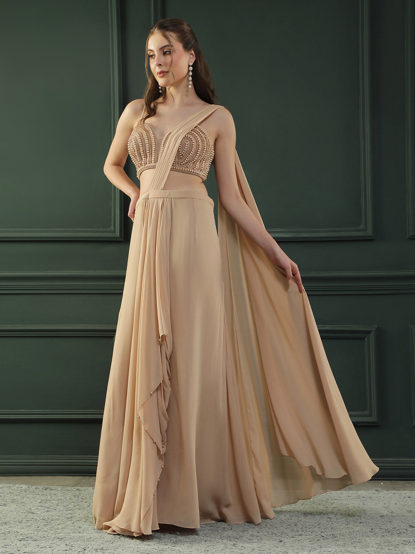 Tan Brown Pearl Pre-Drape Saree