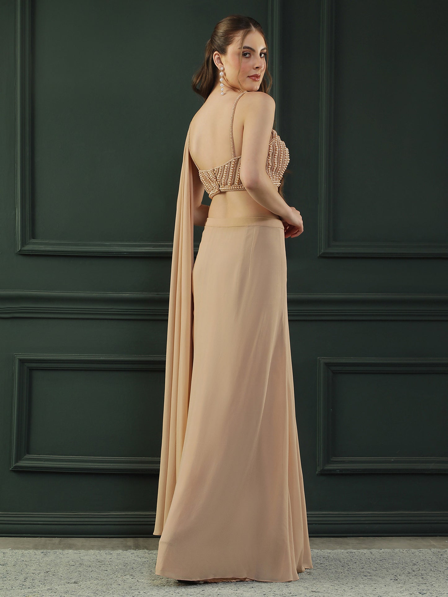 Tan Brown Pearl Pre-Drape Saree