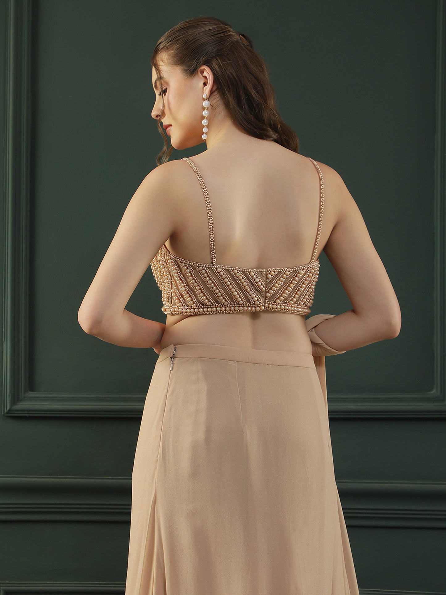 Tan Brown Pearl Pre-Drape Saree