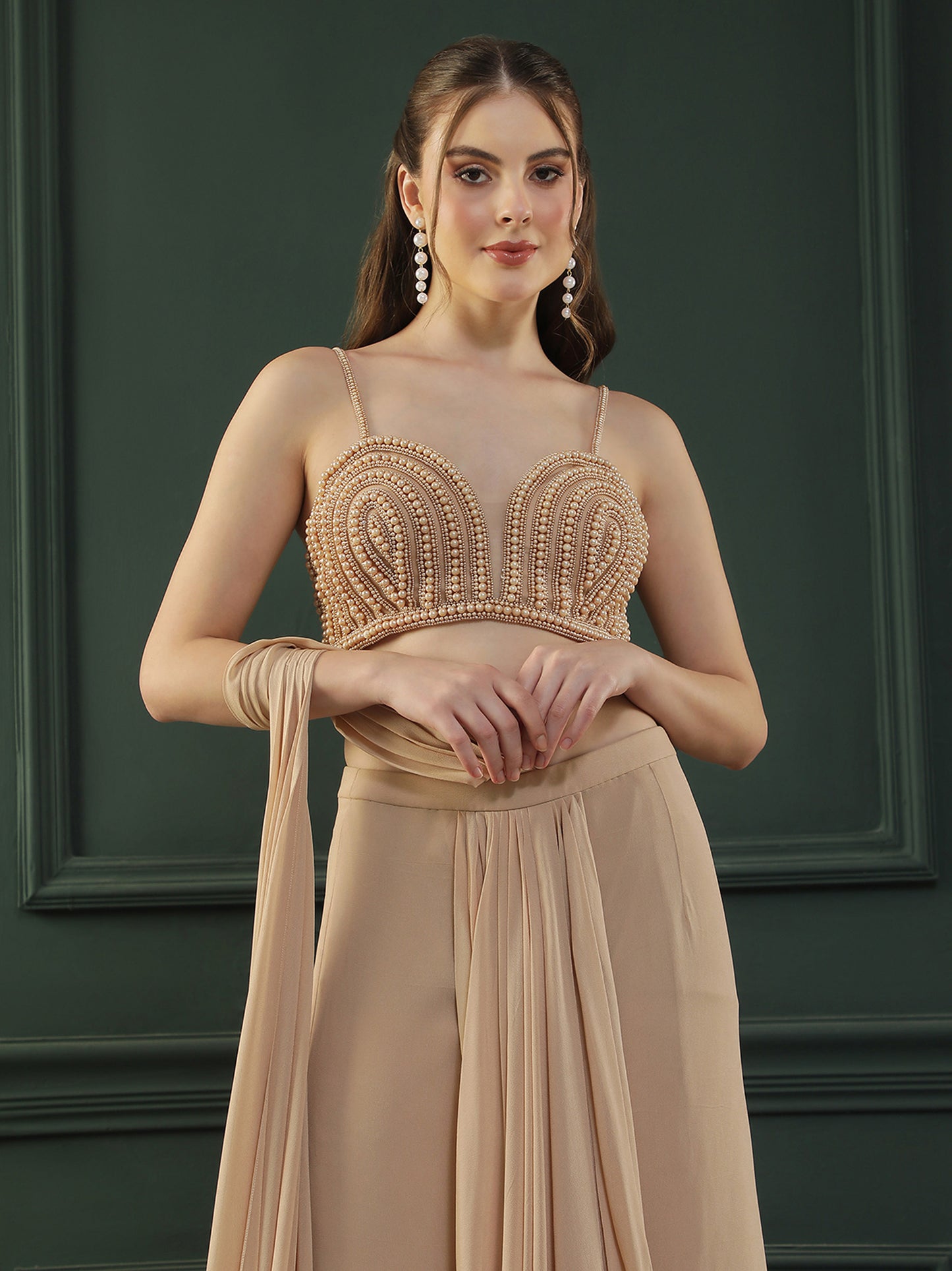 Tan Brown Pearl Pre-Drape Saree
