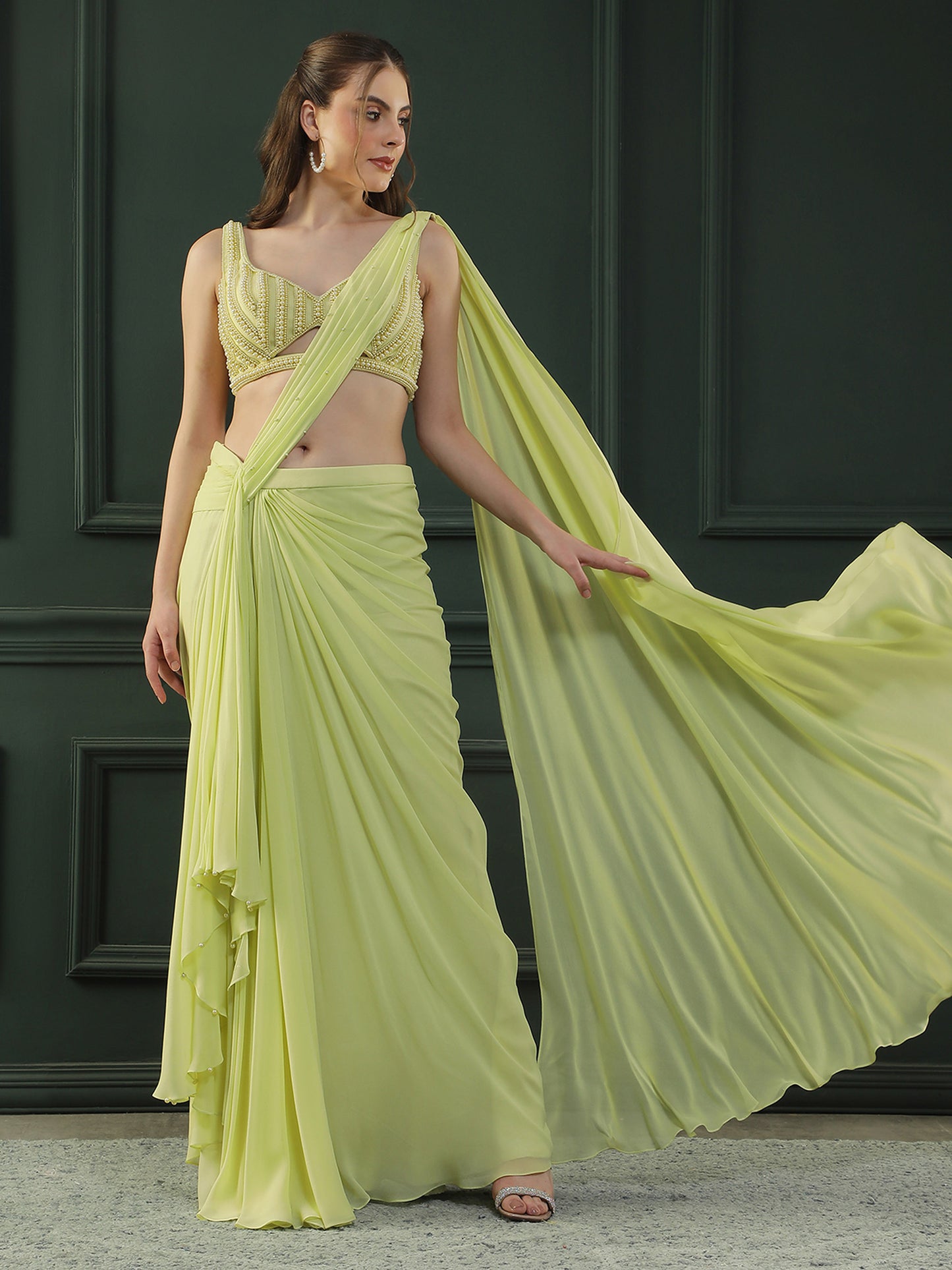 Lime Glow Pearl Pre-Drape Saree