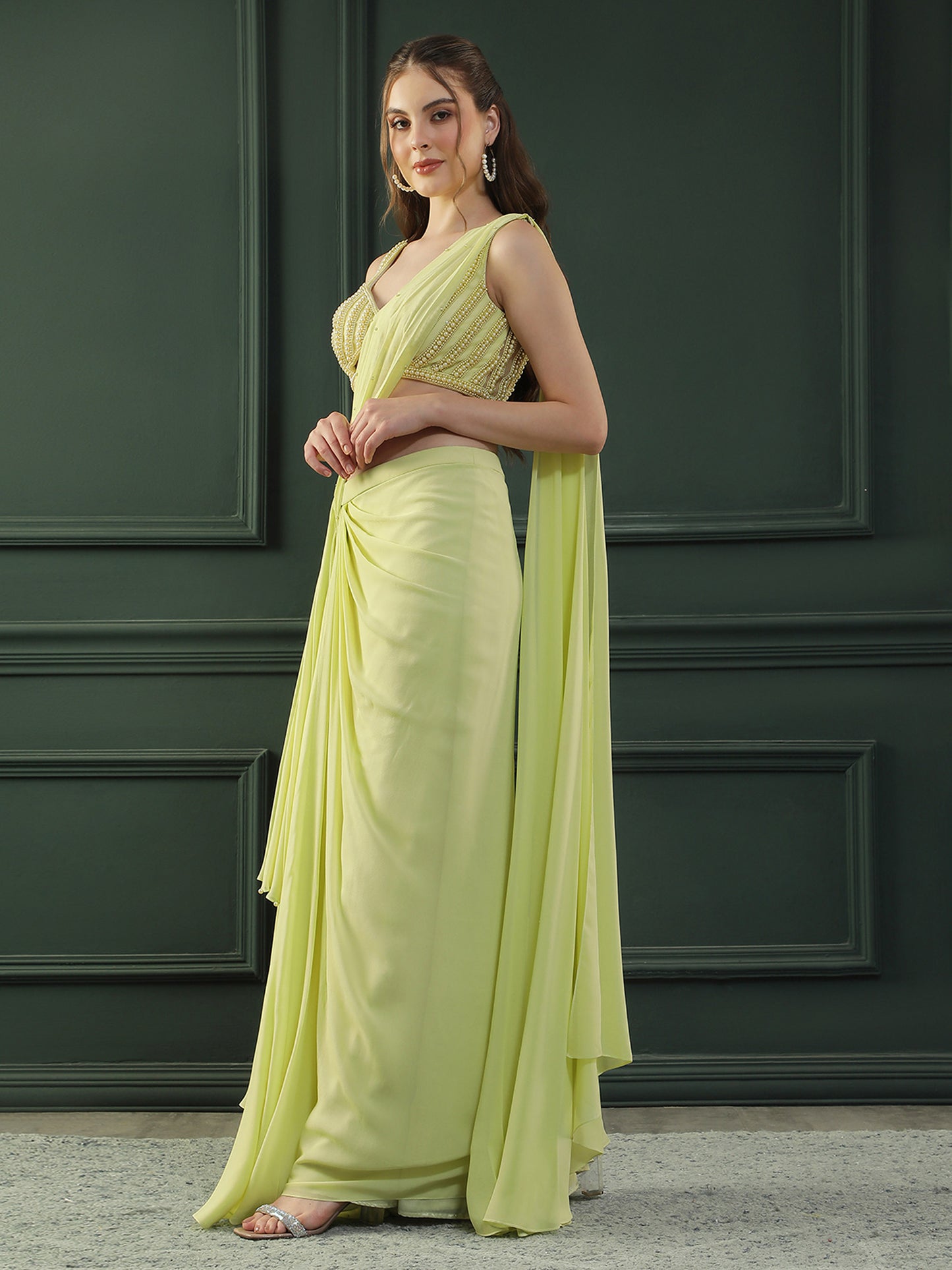 Lime Glow Pearl Pre-Drape Saree
