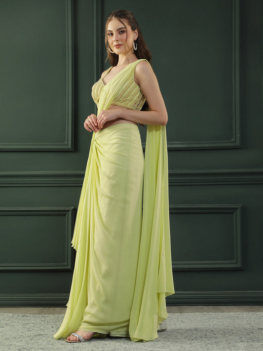 Lime Glow Pearl Pre-Drape Saree