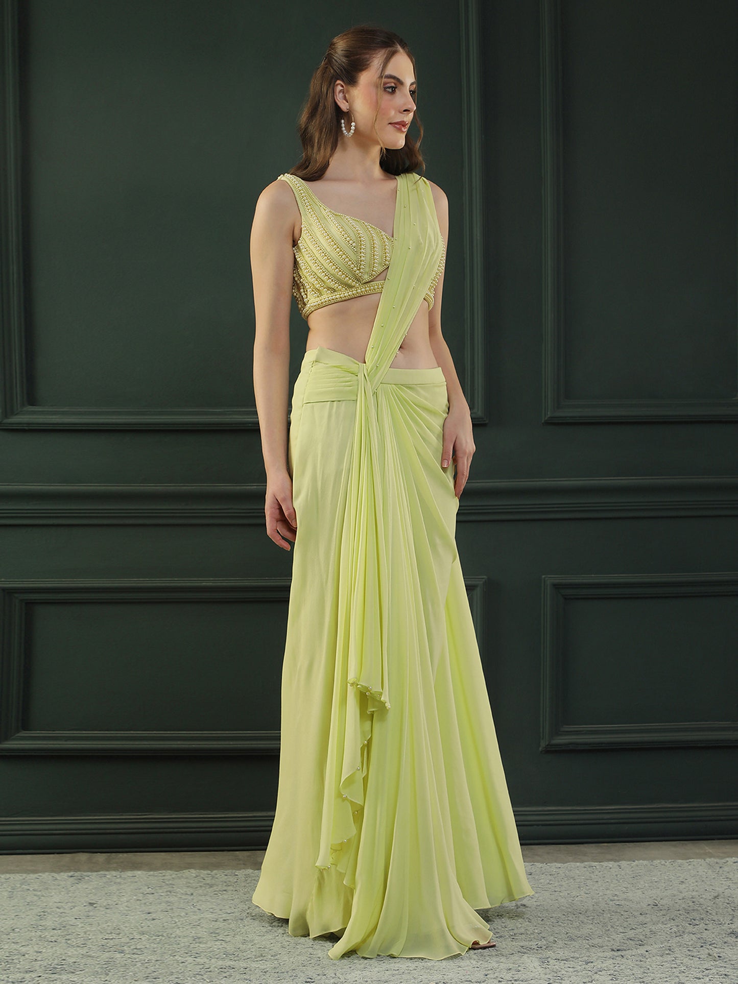 Lime Glow Pearl Pre-Drape Saree