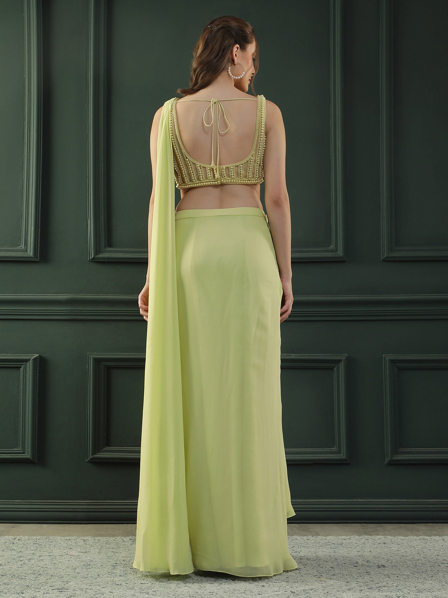 Lime Glow Pearl Pre-Drape Saree