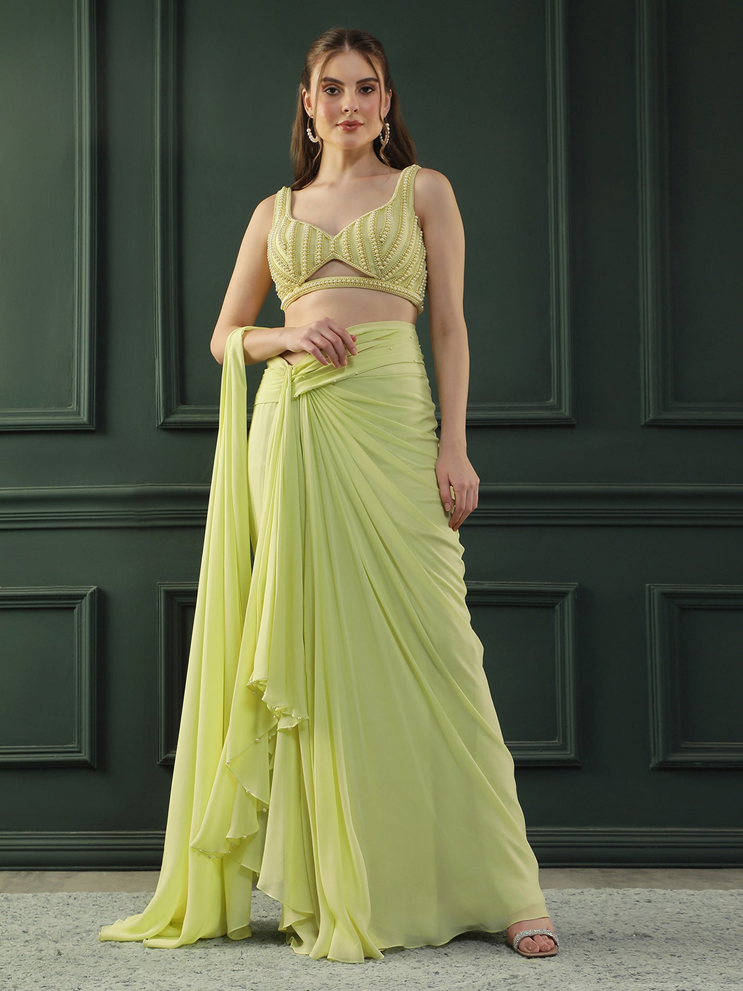 Lime Glow Pearl Pre-Drape Saree