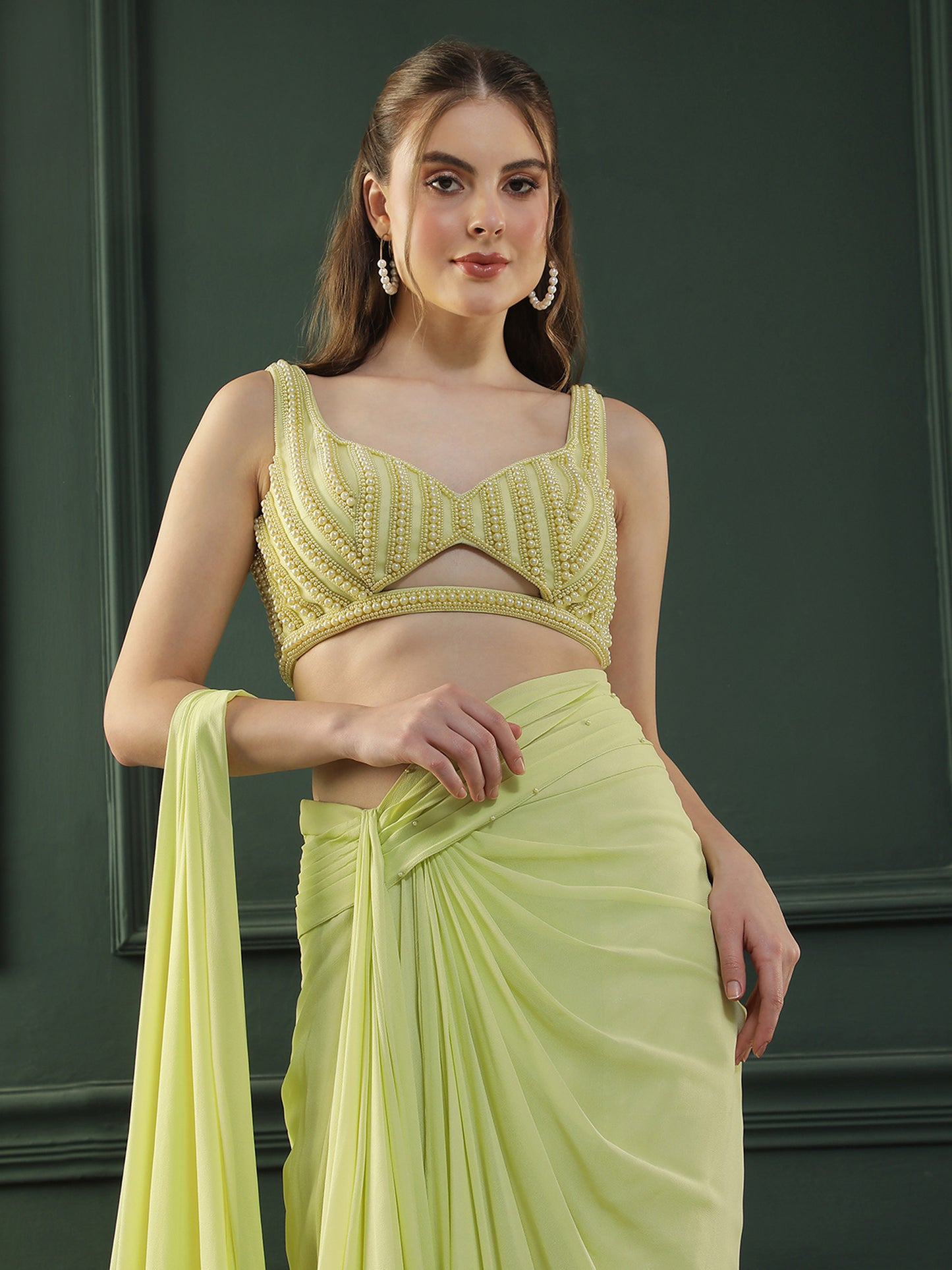 Lime Glow Pearl Pre-Drape Saree