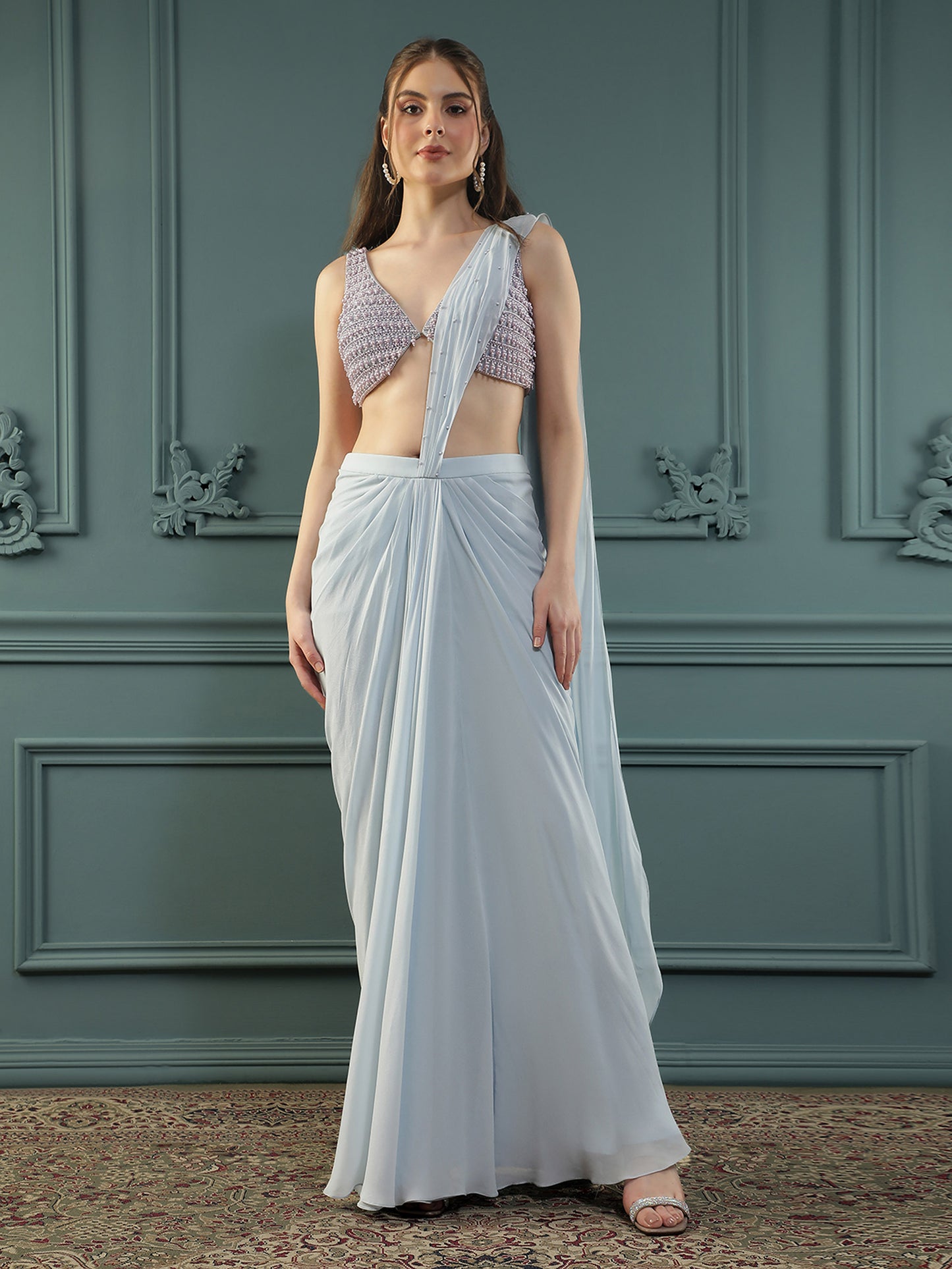 Powder Blue Pearl Pre-Drape Saree