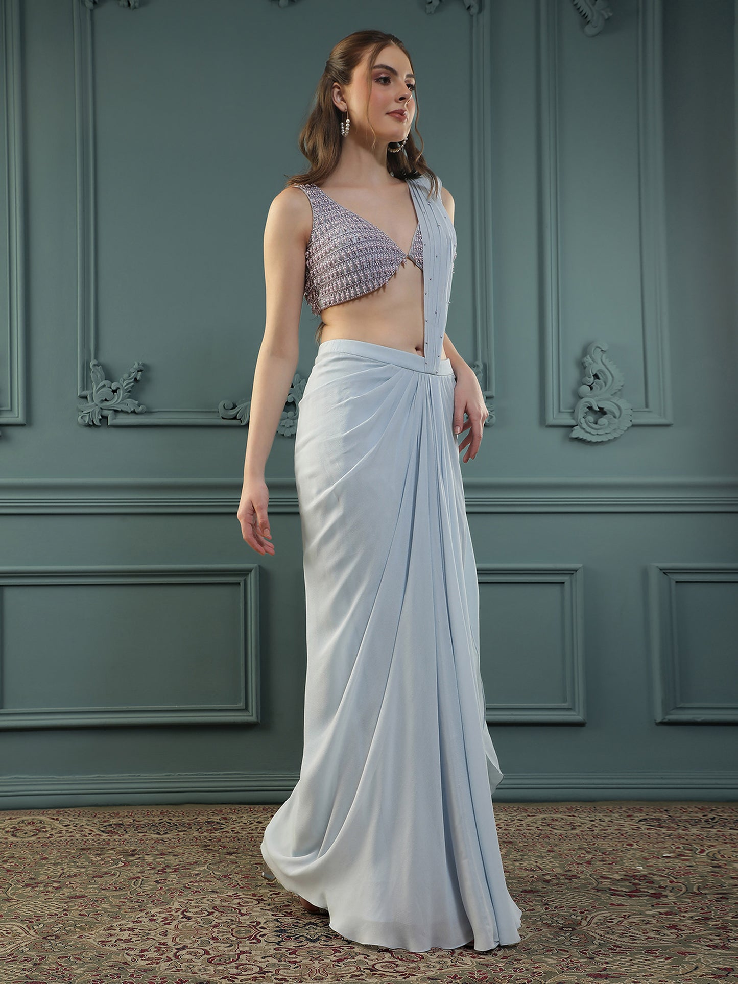 Powder Blue Pearl Pre-Drape Saree
