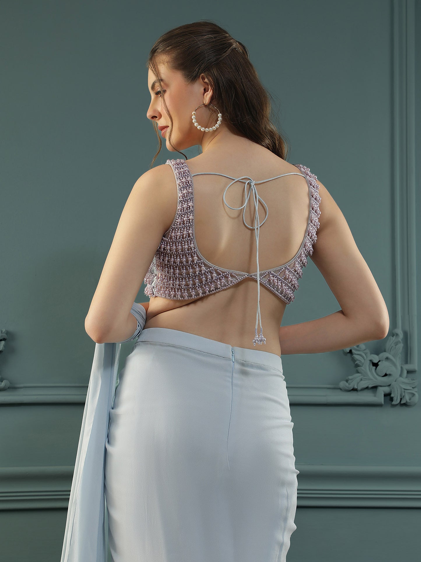 Powder Blue Pearl Pre-Drape Saree