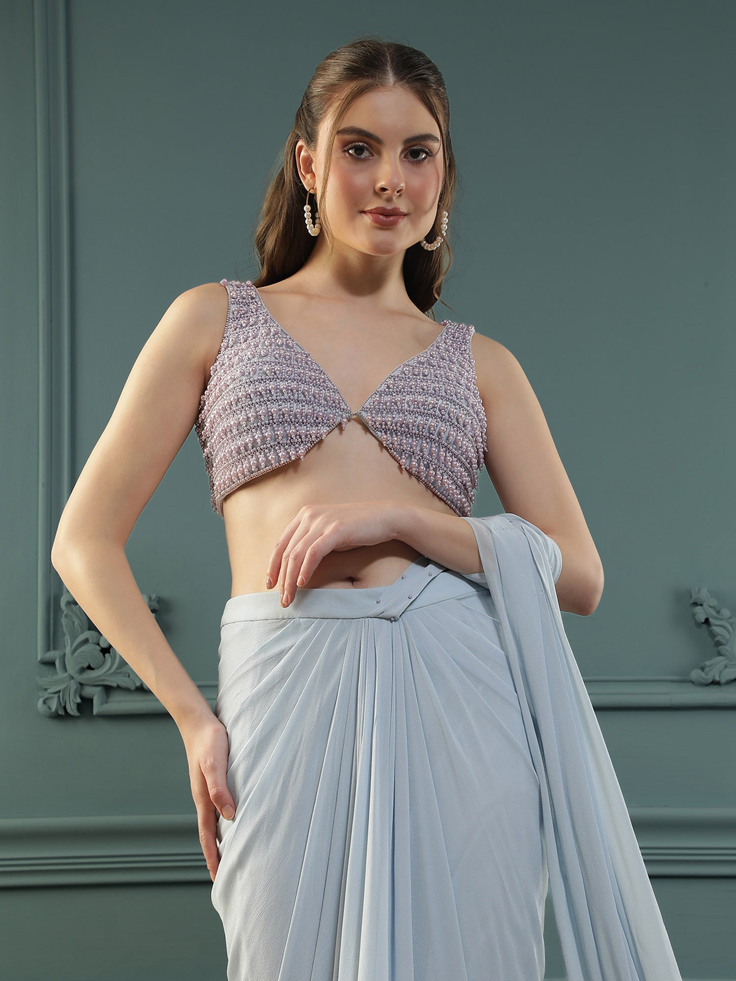 Powder Blue Pearl Pre-Drape Saree