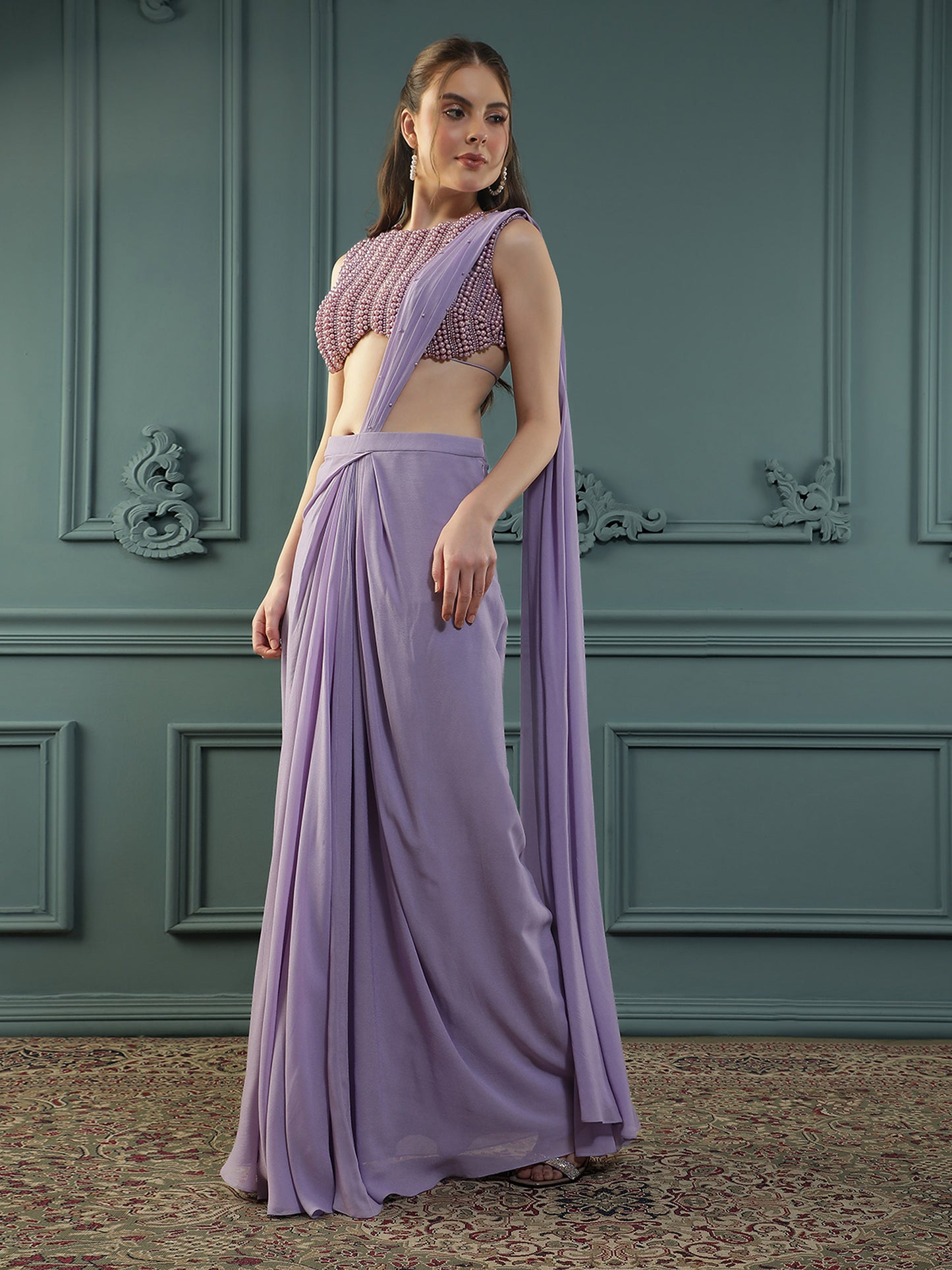 Soft-Purple Pearl Pre-Drape Saree
