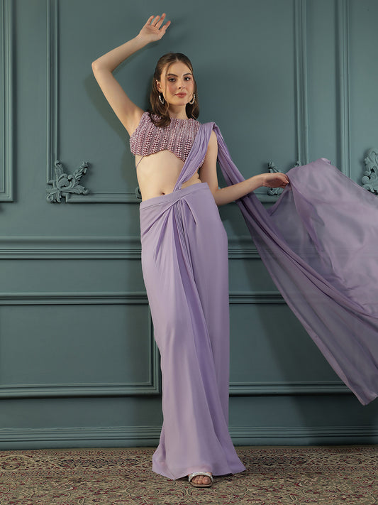 Soft-Purple Pearl Pre-Drape Saree