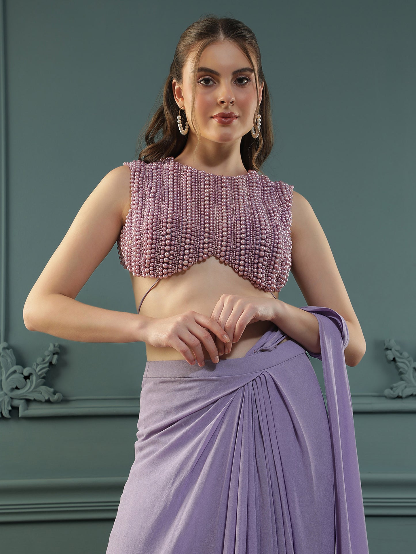 Soft-Purple Pearl Pre-Drape Saree