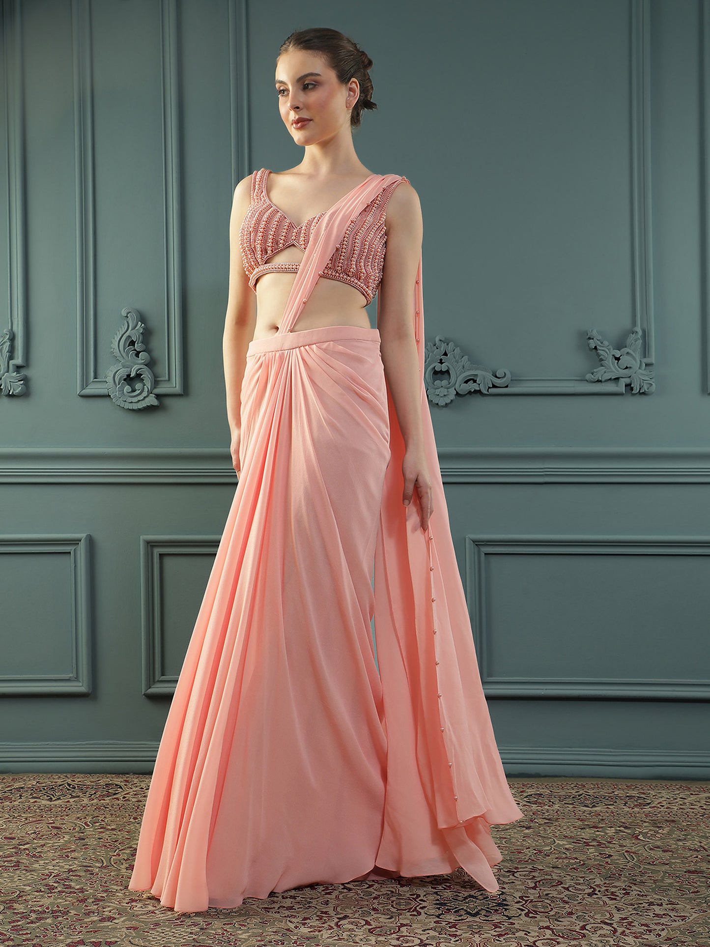 Peach Pearl Pre-Drape Saree