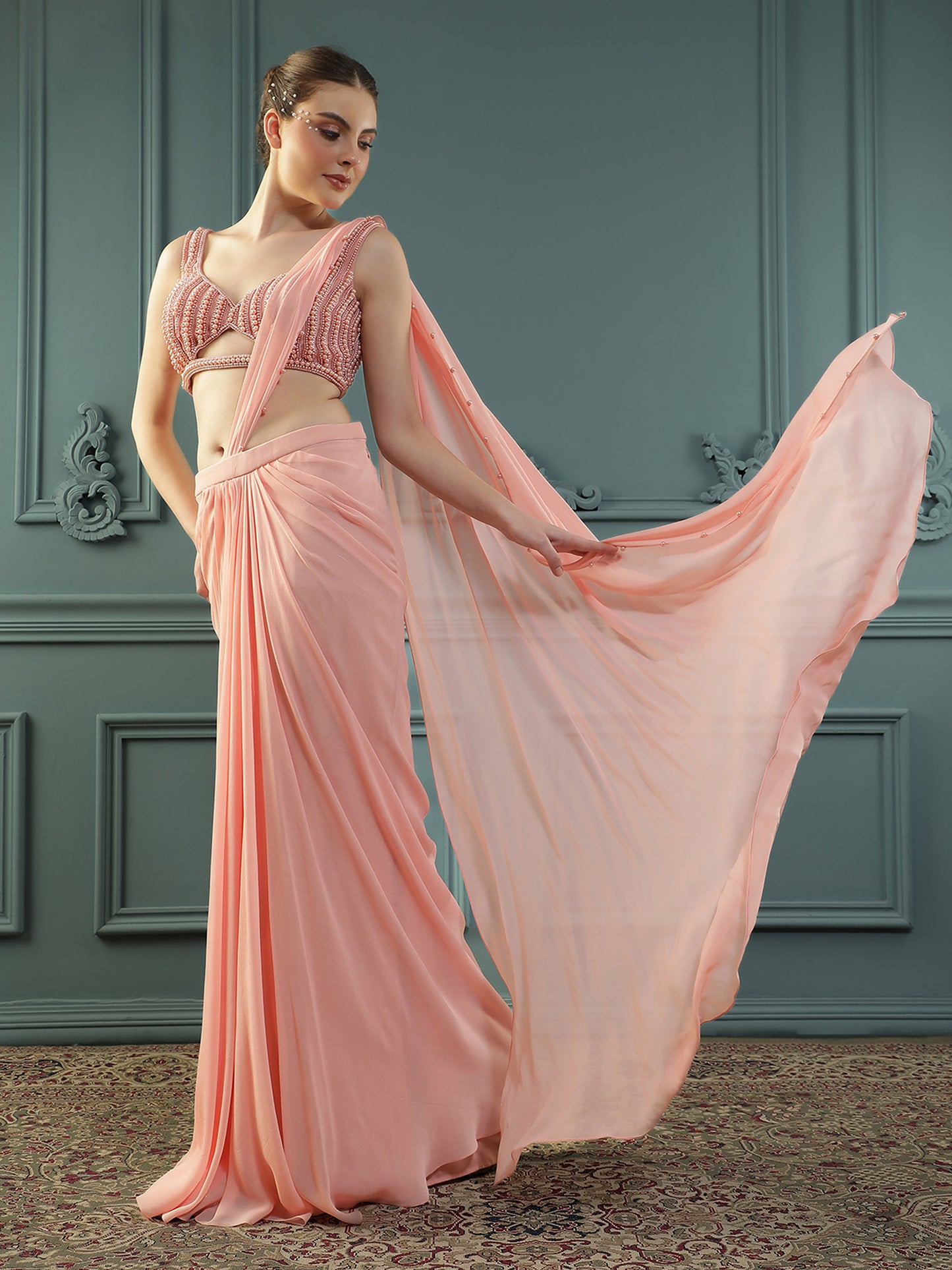 Peach Pearl Pre-Drape Saree