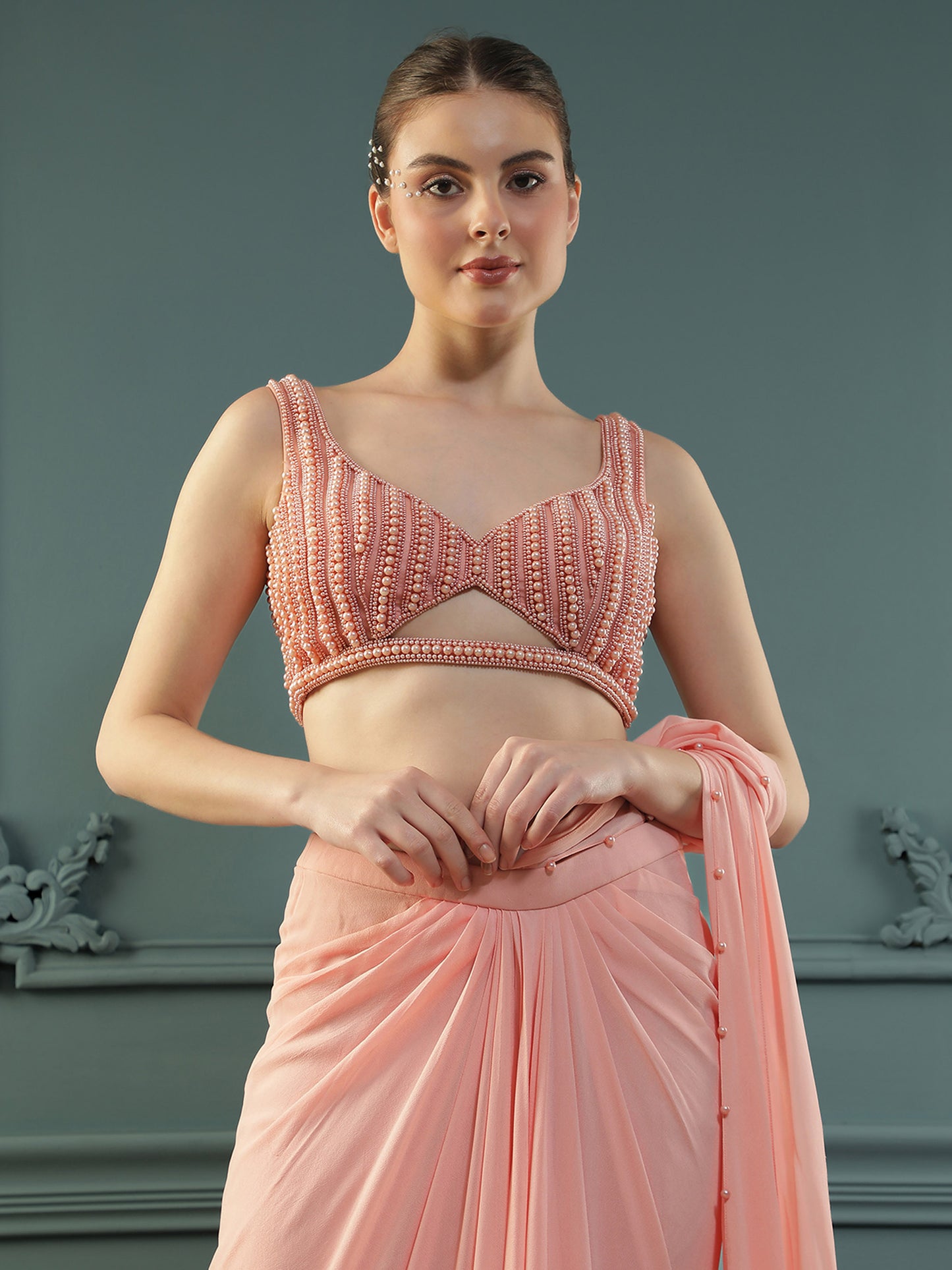 Peach Pearl Pre-Drape Saree
