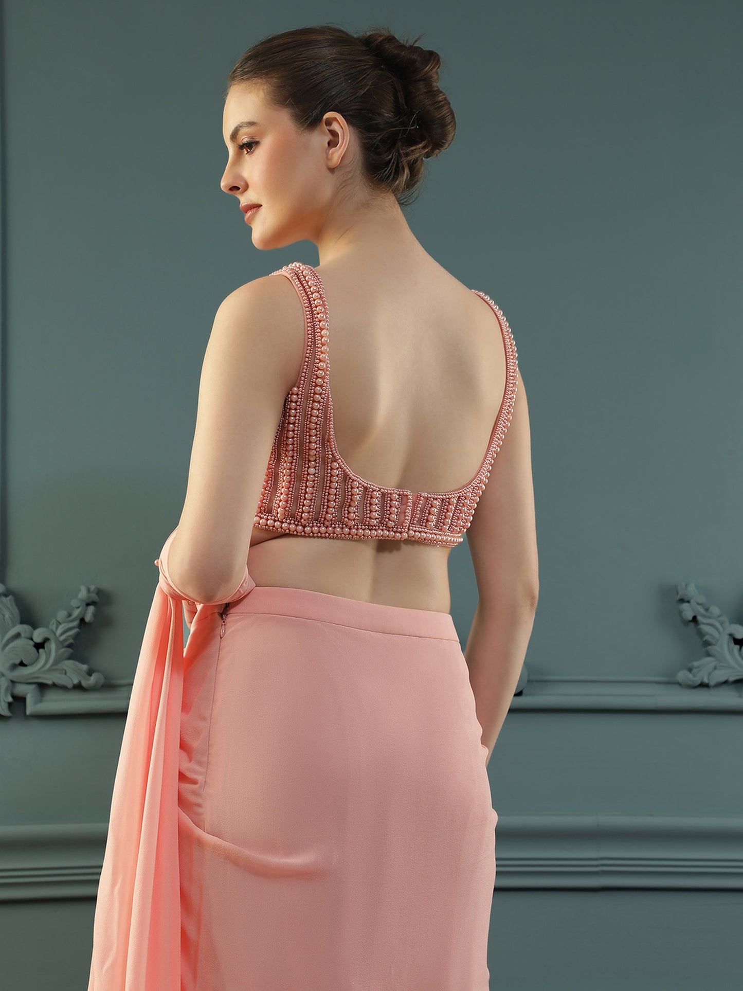 Peach Pearl Pre-Drape Saree