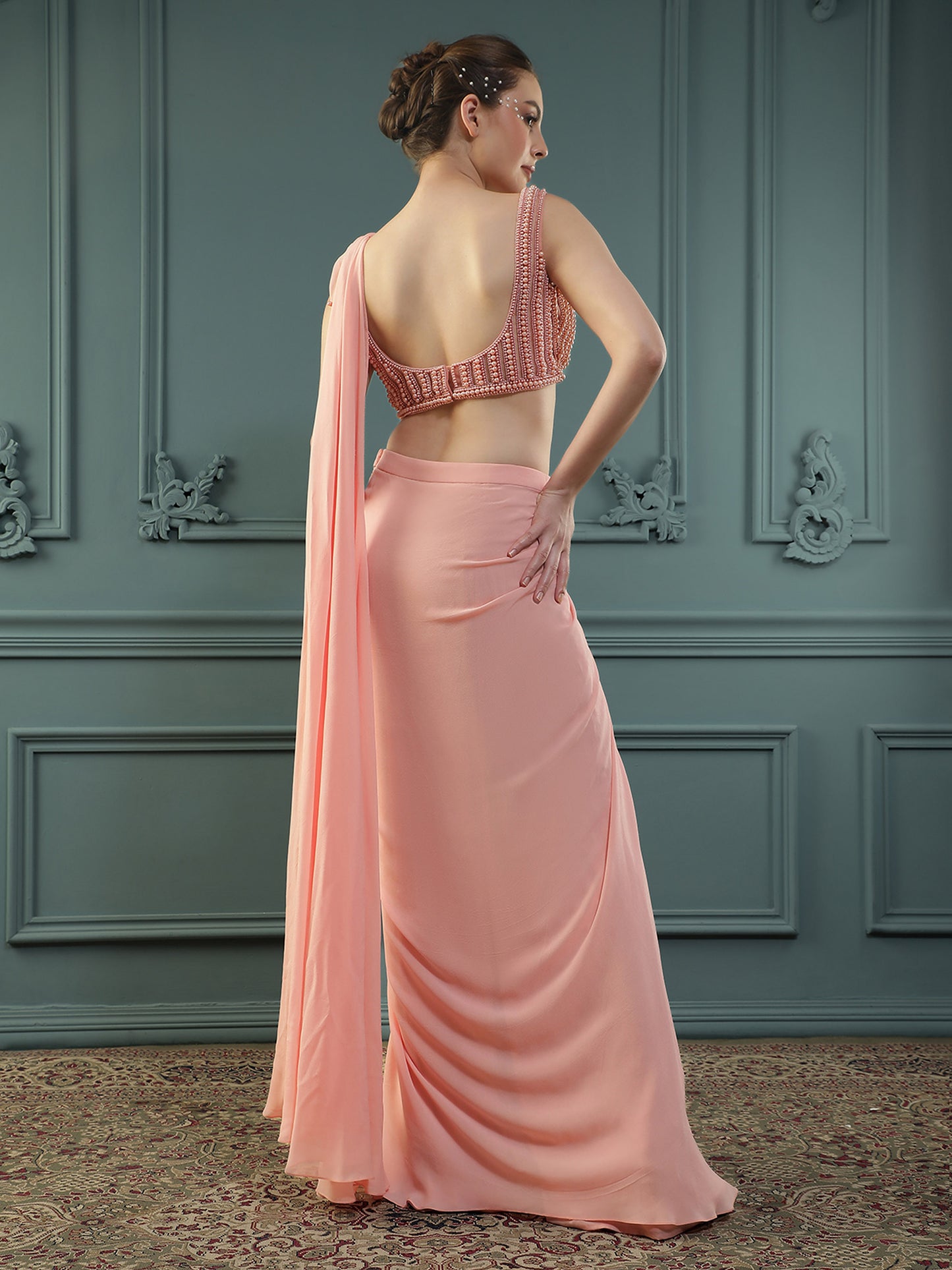 Peach Pearl Pre-Drape Saree